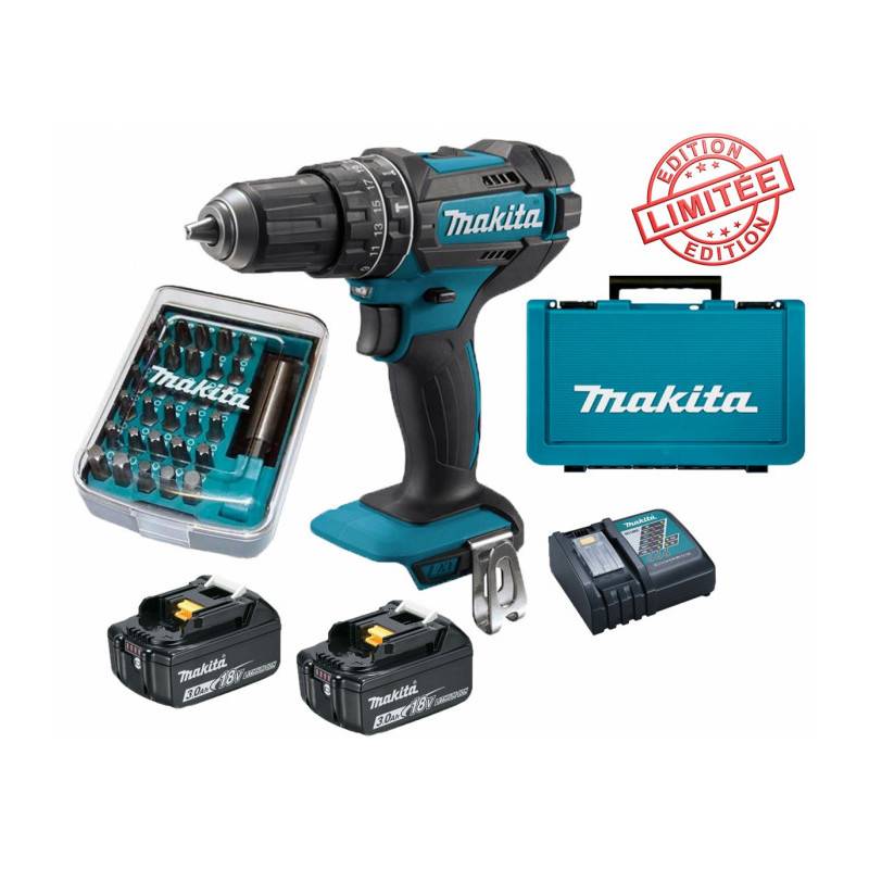 Perceuse visseuse à percussion Makita 18V 62Nm DHP482 + 2 batt 3 Ah + 30 embouts de vissage + porte-embout magnétique - Image 1