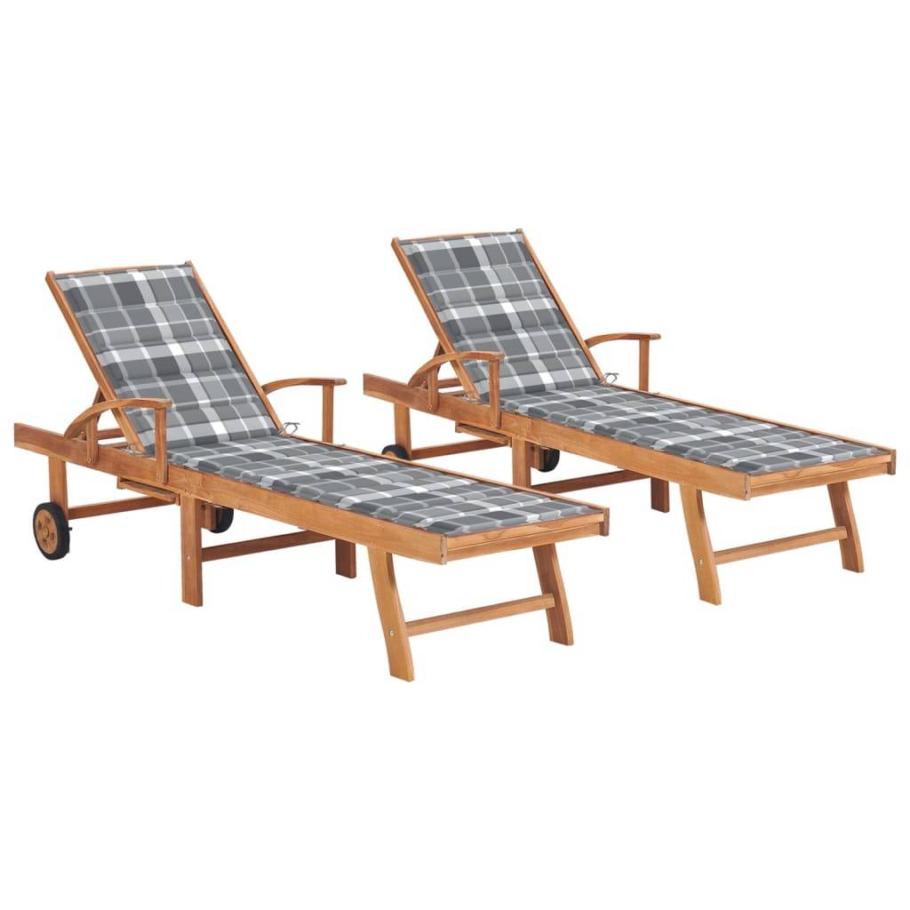 Helloshop26 - Lot de 2 transats chaise longue bain de soleil lit de jardin terrasse meuble d'extérieur avec coussin carreaux gris teck solide - Image 1