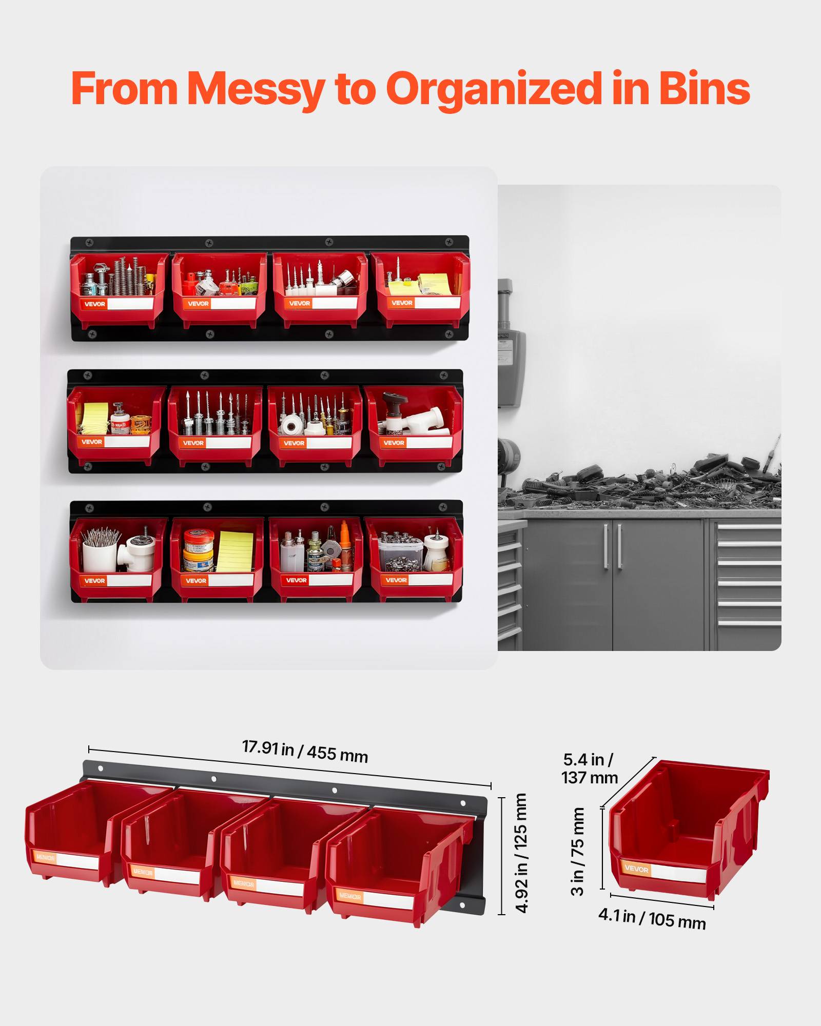 Vevor - VEVOR Bac à bec mural 12 pcs, bacs empilables avec 3 rails métalliques, rangement pour vis et quincaillerie, rouge - Image 2