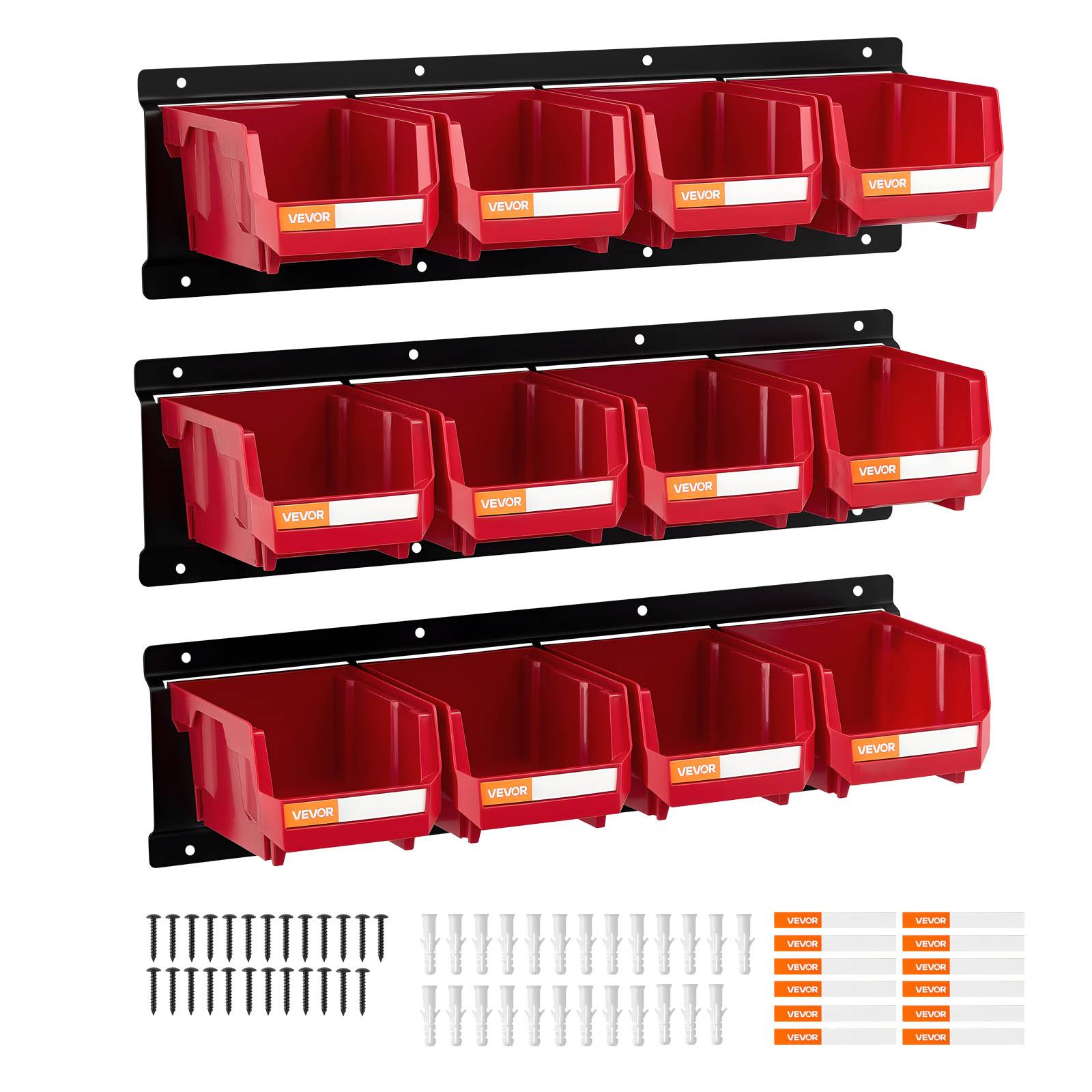 Vevor - VEVOR Bac à bec mural 12 pcs, bacs empilables avec 3 rails métalliques, rangement pour vis et quincaillerie, rouge - Image 1