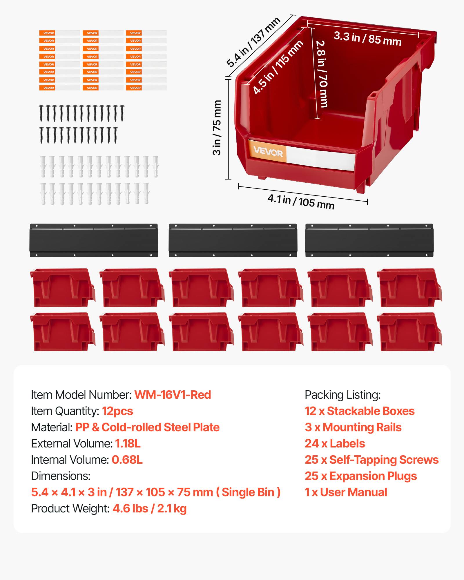Vevor - VEVOR Bac à bec mural 12 pcs, bacs empilables avec 3 rails métalliques, rangement pour vis et quincaillerie, rouge - Image 6
