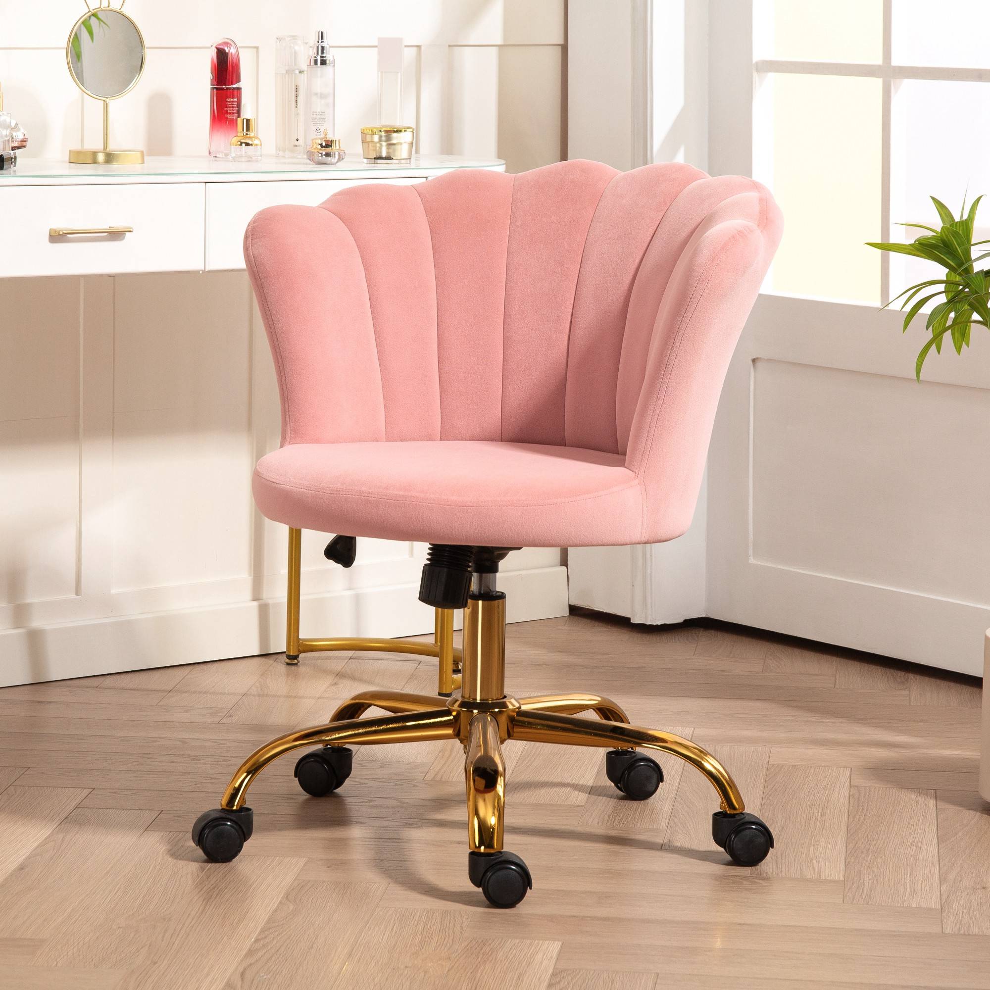 Sans Marque - Chaise bureau en velours, chaise coiffeuse avec dossier en pétale, hauteur réglable, 69 x 64 x 80-90 cm, rose - Image 4