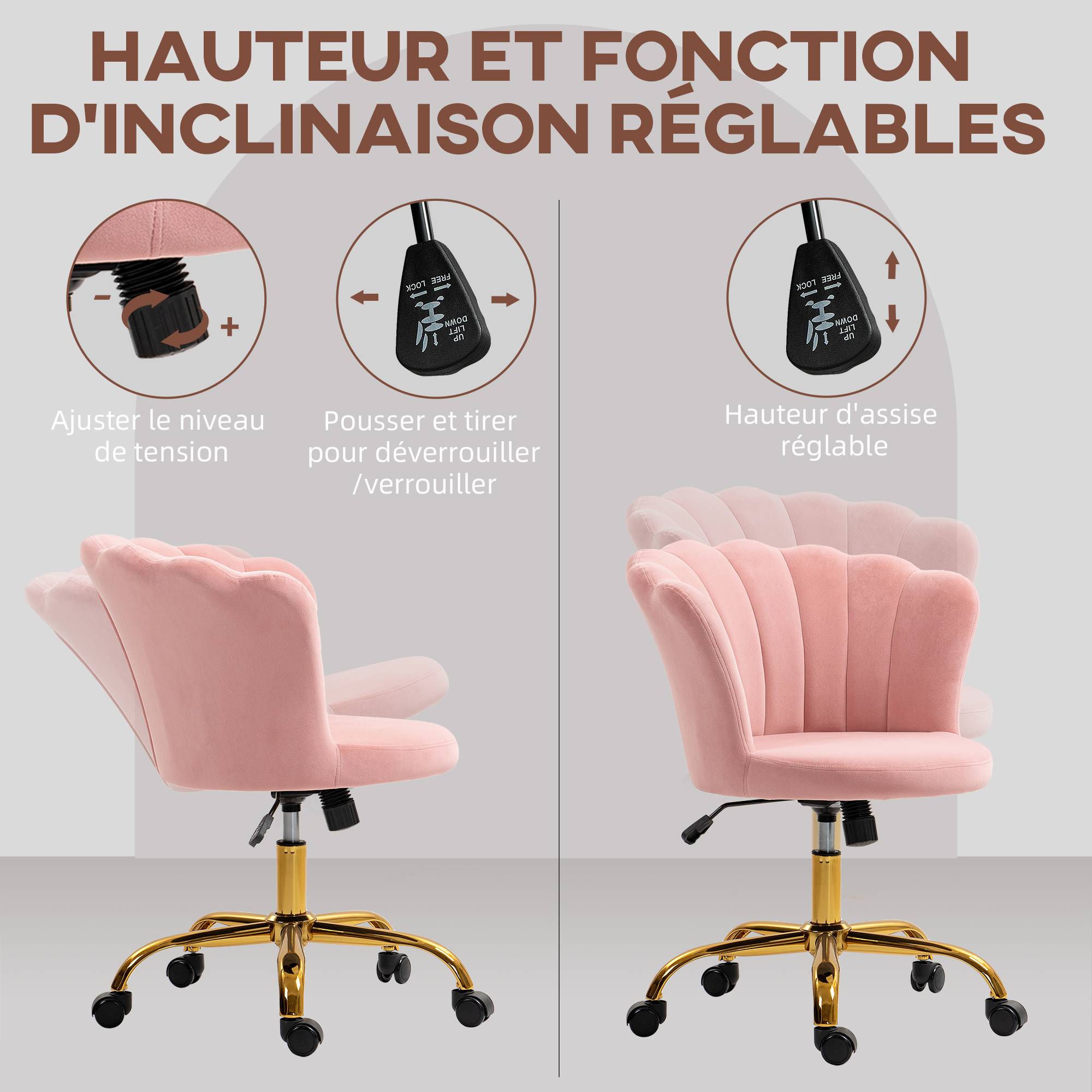 Sans Marque - Chaise bureau en velours, chaise coiffeuse avec dossier en pétale, hauteur réglable, 69 x 64 x 80-90 cm, rose - Image 6