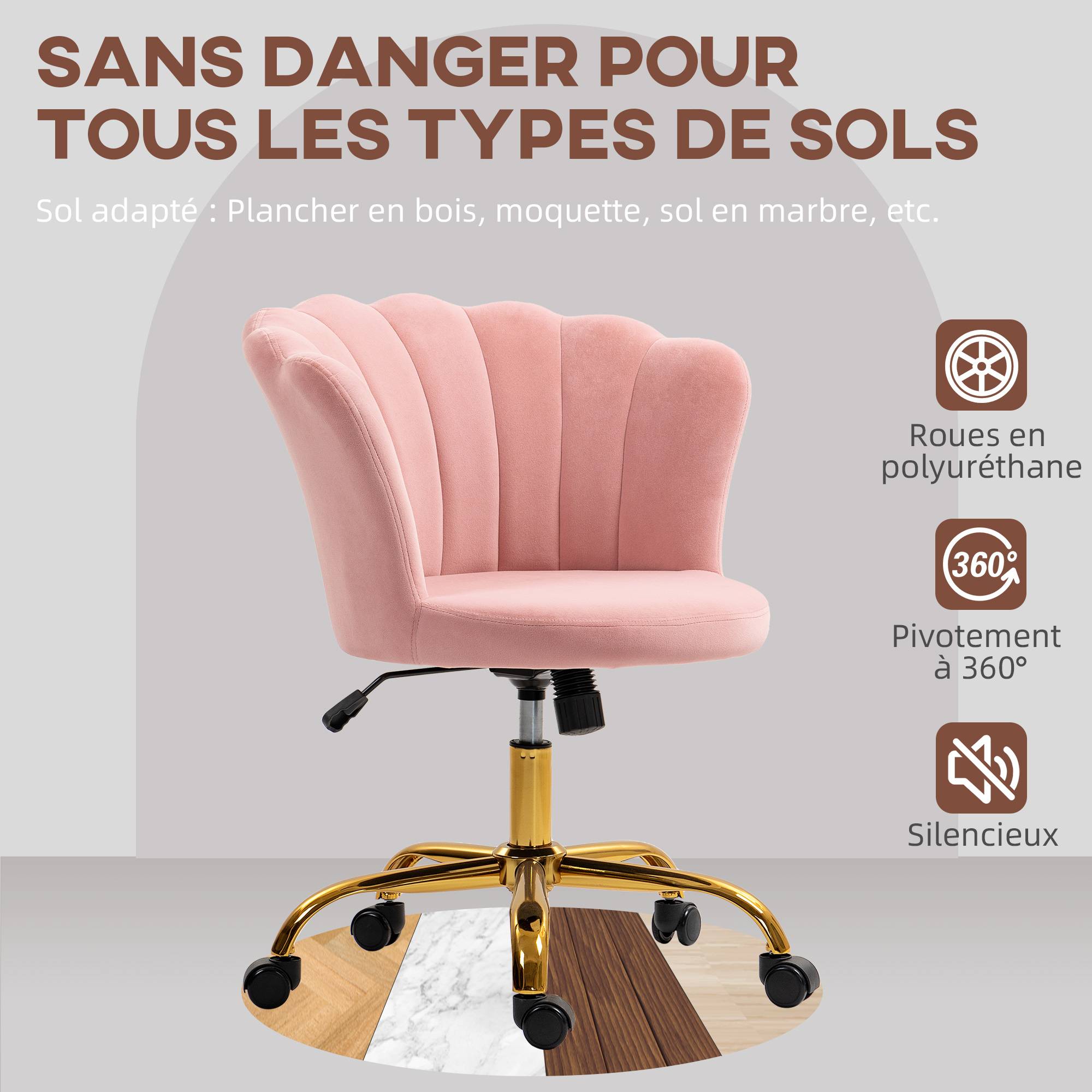 Sans Marque - Chaise bureau en velours, chaise coiffeuse avec dossier en pétale, hauteur réglable, 69 x 64 x 80-90 cm, rose - Image 9