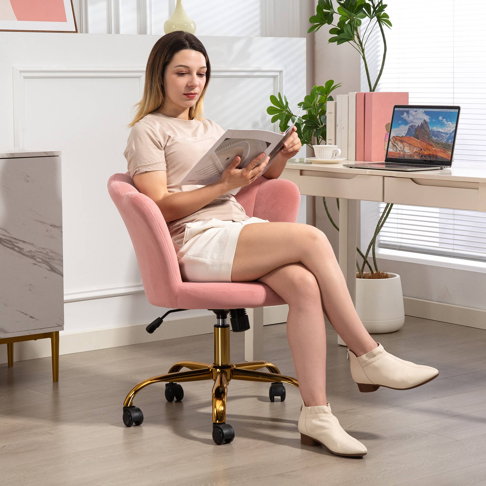 Sans Marque - Chaise bureau en velours, chaise coiffeuse avec dossier en pétale, hauteur réglable, 69 x 64 x 80-90 cm, rose - Image 10