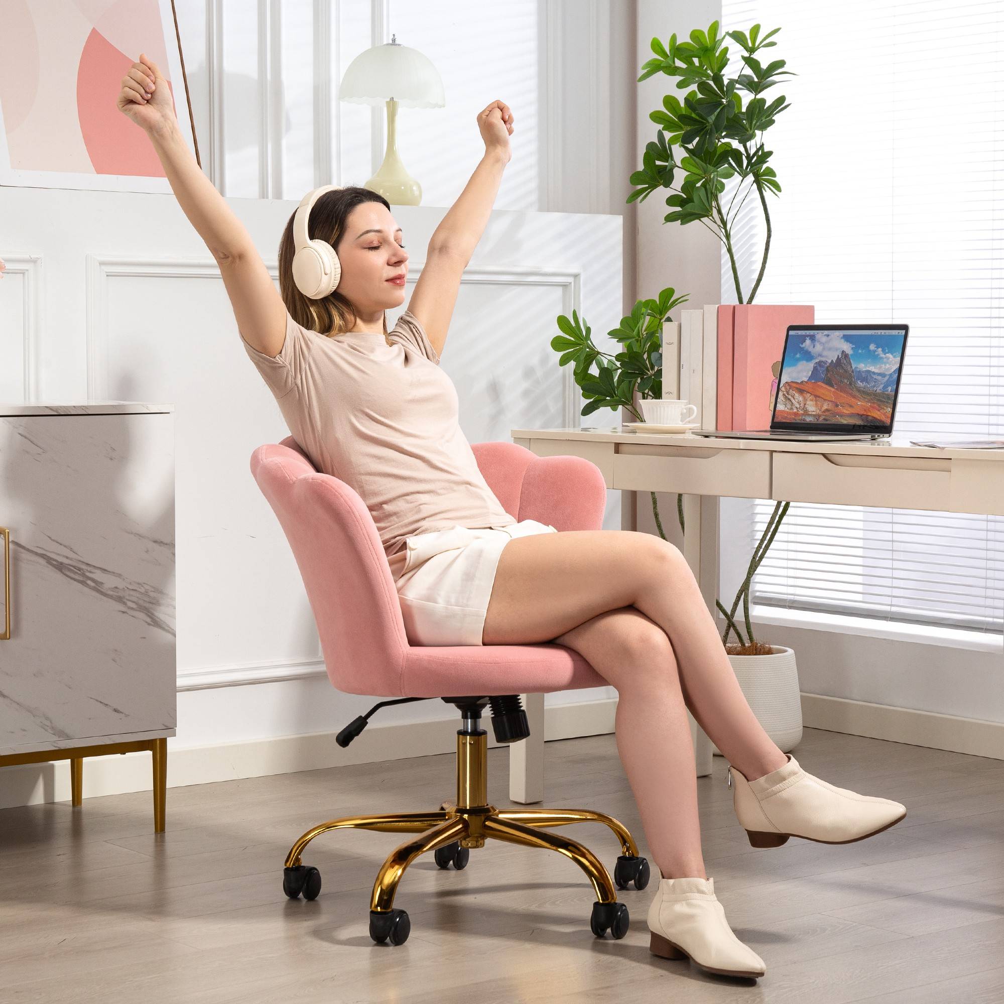 Sans Marque - Chaise bureau en velours, chaise coiffeuse avec dossier en pétale, hauteur réglable, 69 x 64 x 80-90 cm, rose - Image 3