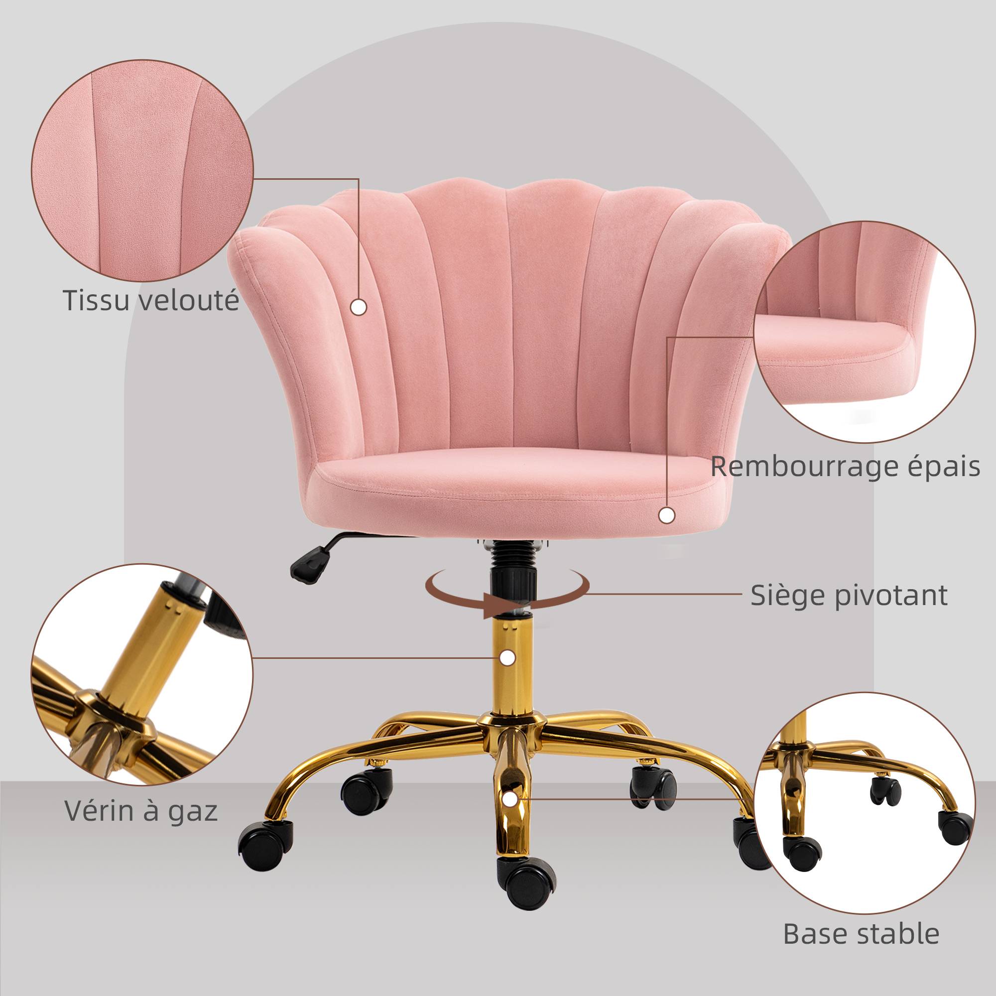 Sans Marque - Chaise bureau en velours, chaise coiffeuse avec dossier en pétale, hauteur réglable, 69 x 64 x 80-90 cm, rose - Image 7