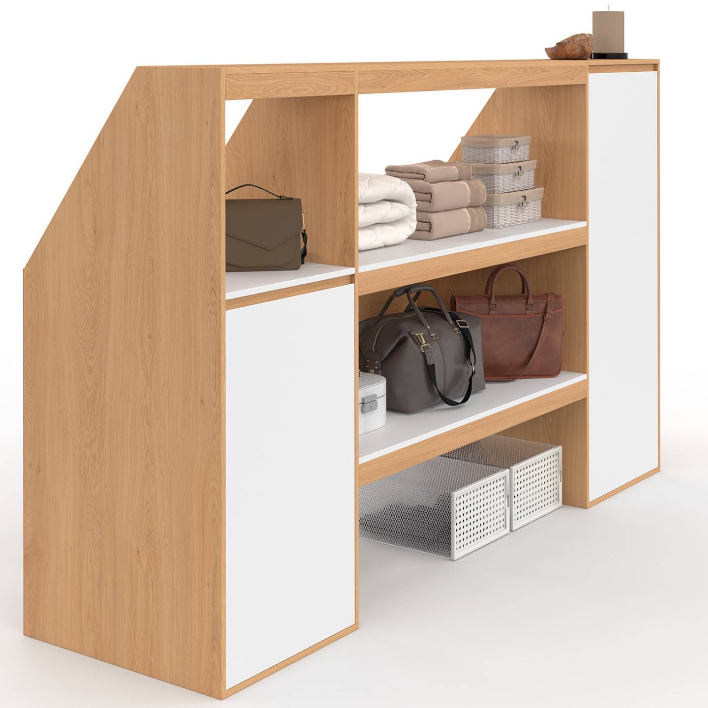 IDMARKET - Ensemble étagère 2 niveaux, armoire 1 porte et armoire 1 porte + 1 niche sous pente TOMI hêtre et blanc - Image 2