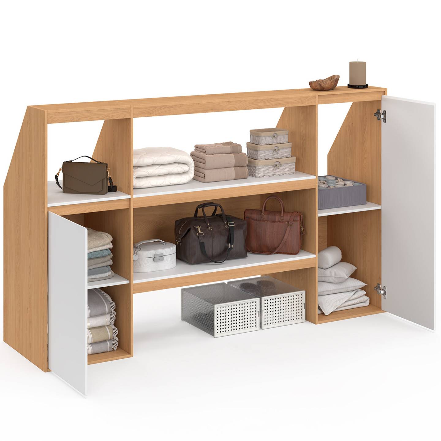 IDMARKET - Ensemble étagère 2 niveaux, armoire 1 porte et armoire 1 porte + 1 niche sous pente TOMI hêtre et blanc - Image 4