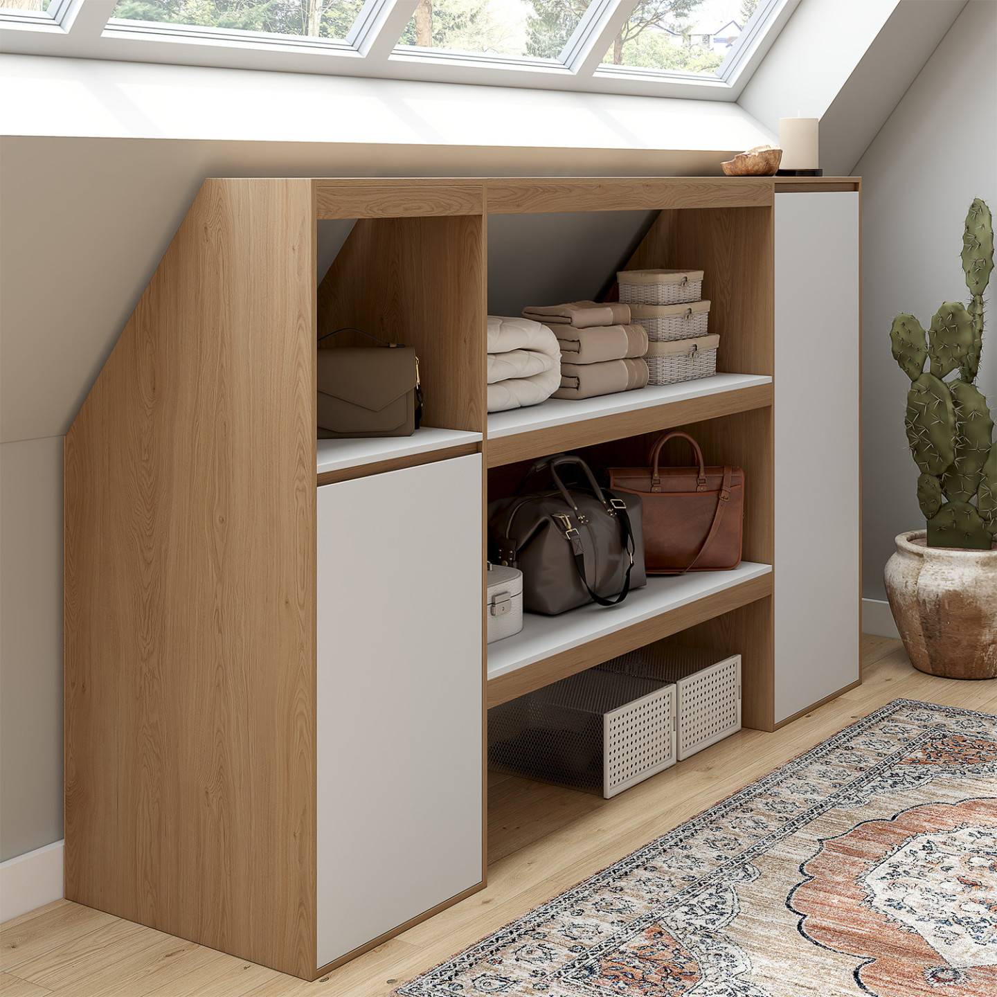 IDMARKET - Ensemble étagère 2 niveaux, armoire 1 porte et armoire 1 porte + 1 niche sous pente TOMI hêtre et blanc - Image 1
