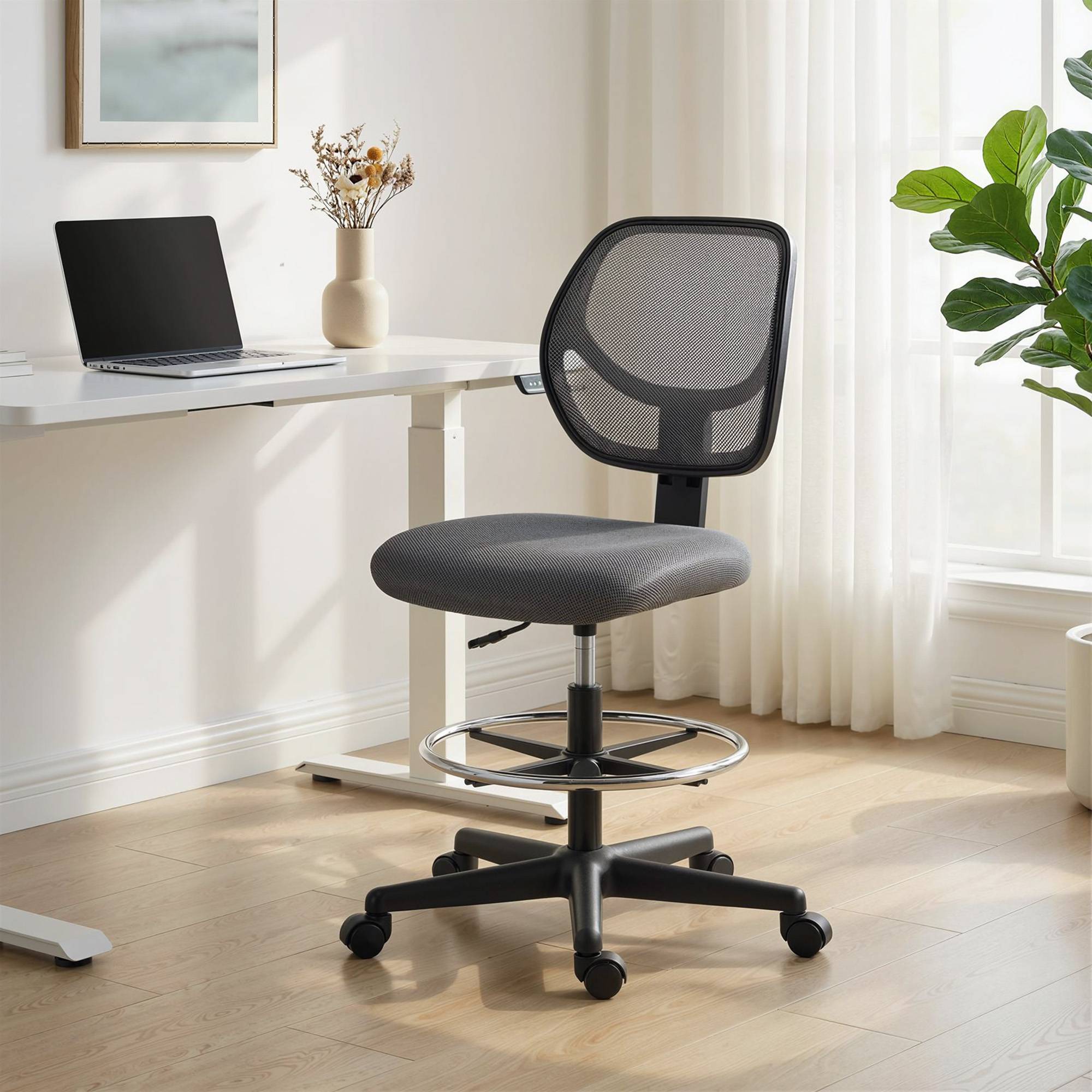 Sans Marque - Chaise bureau ergonomique, fauteuil de bureau avec repose-pieds, chaise à dessin en maille, hauteur réglable, gris foncé - Image 3