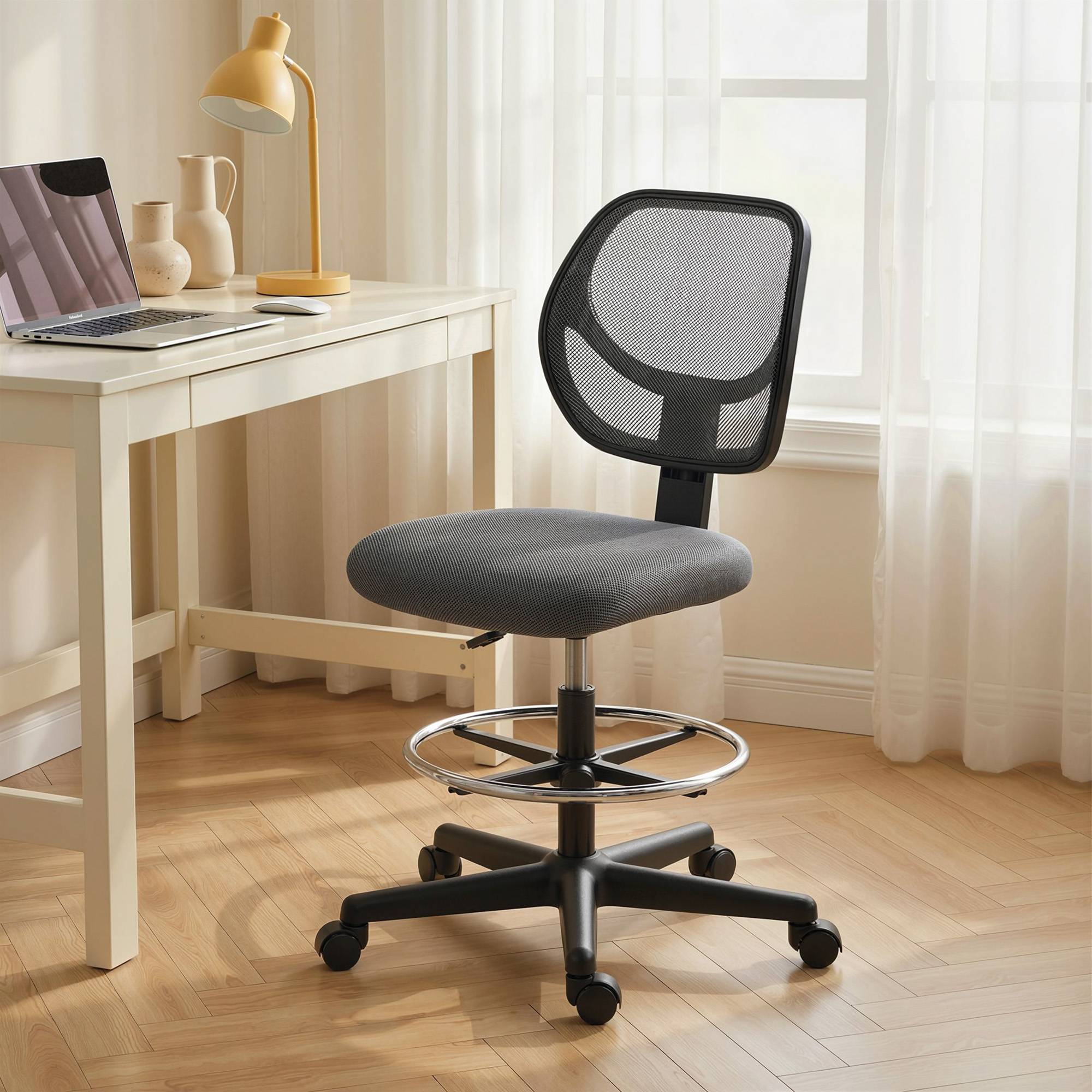 Sans Marque - Chaise bureau ergonomique, fauteuil de bureau avec repose-pieds, chaise à dessin en maille, hauteur réglable, gris foncé - Image 4