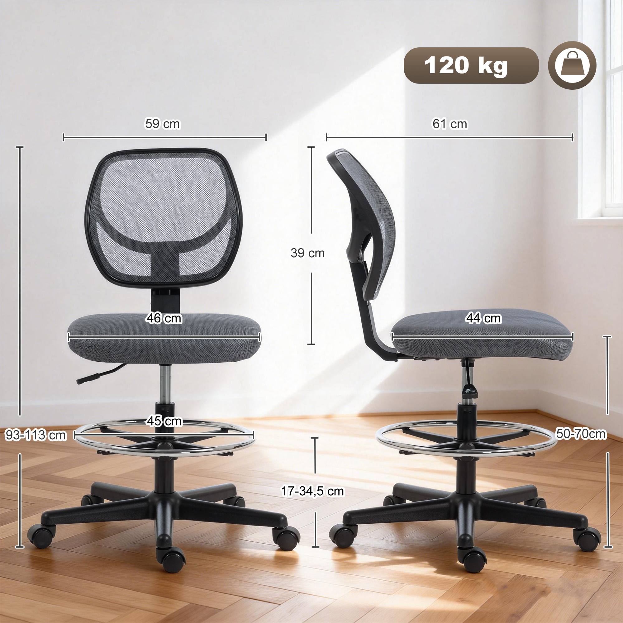 Sans Marque - Chaise bureau ergonomique, fauteuil de bureau avec repose-pieds, chaise à dessin en maille, hauteur réglable, gris foncé - Image 5