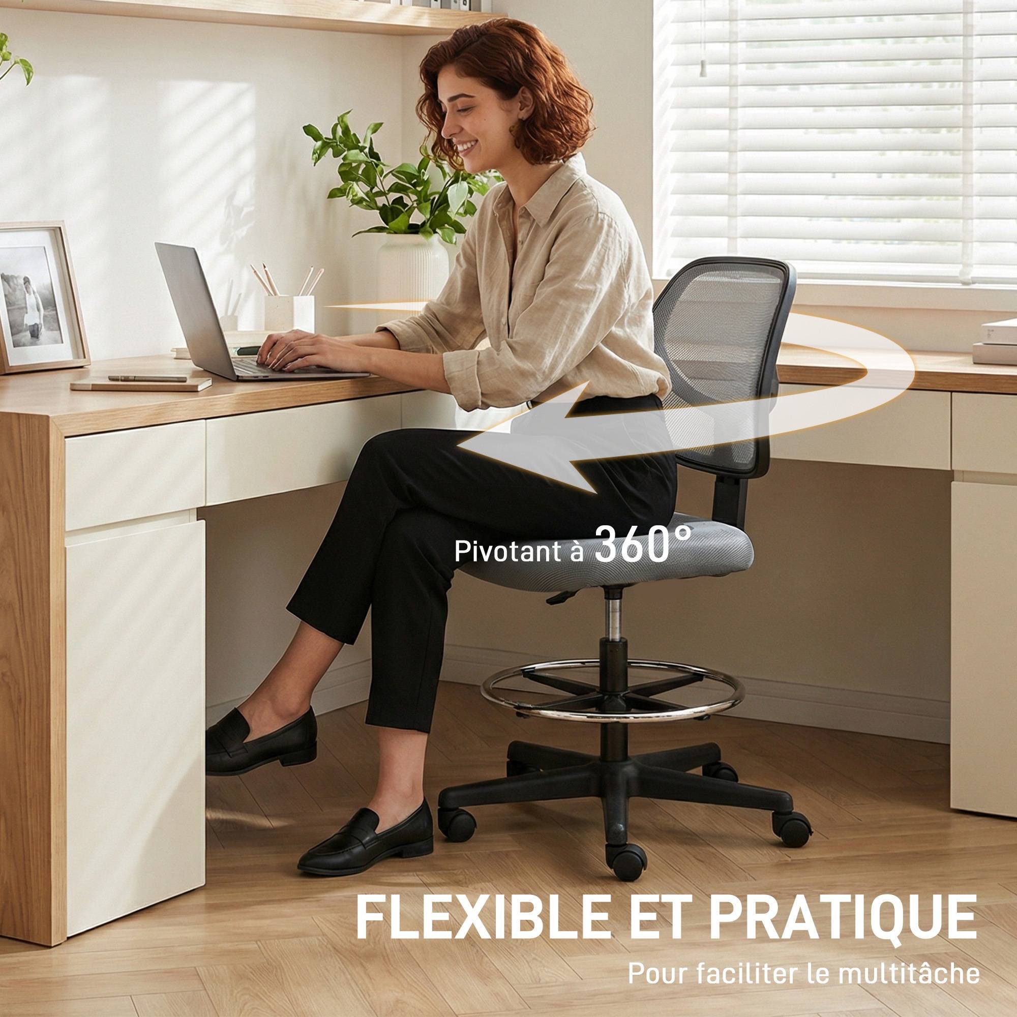 Sans Marque - Chaise bureau ergonomique, fauteuil de bureau avec repose-pieds, chaise à dessin en maille, hauteur réglable, gris foncé - Image 9