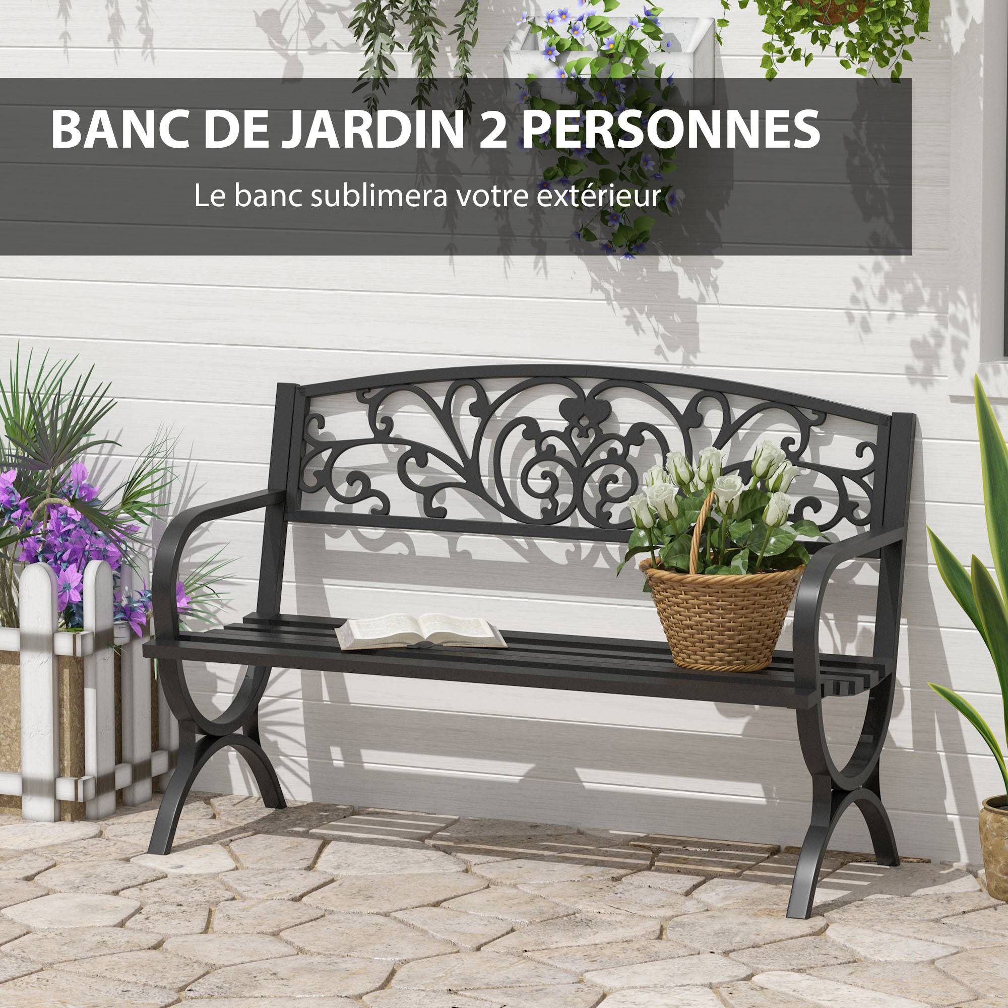 Banc de jardin terrasse en acier fonte noir 3 places 127 x 60 x 85 cm charge max 240 Kg - Image 6