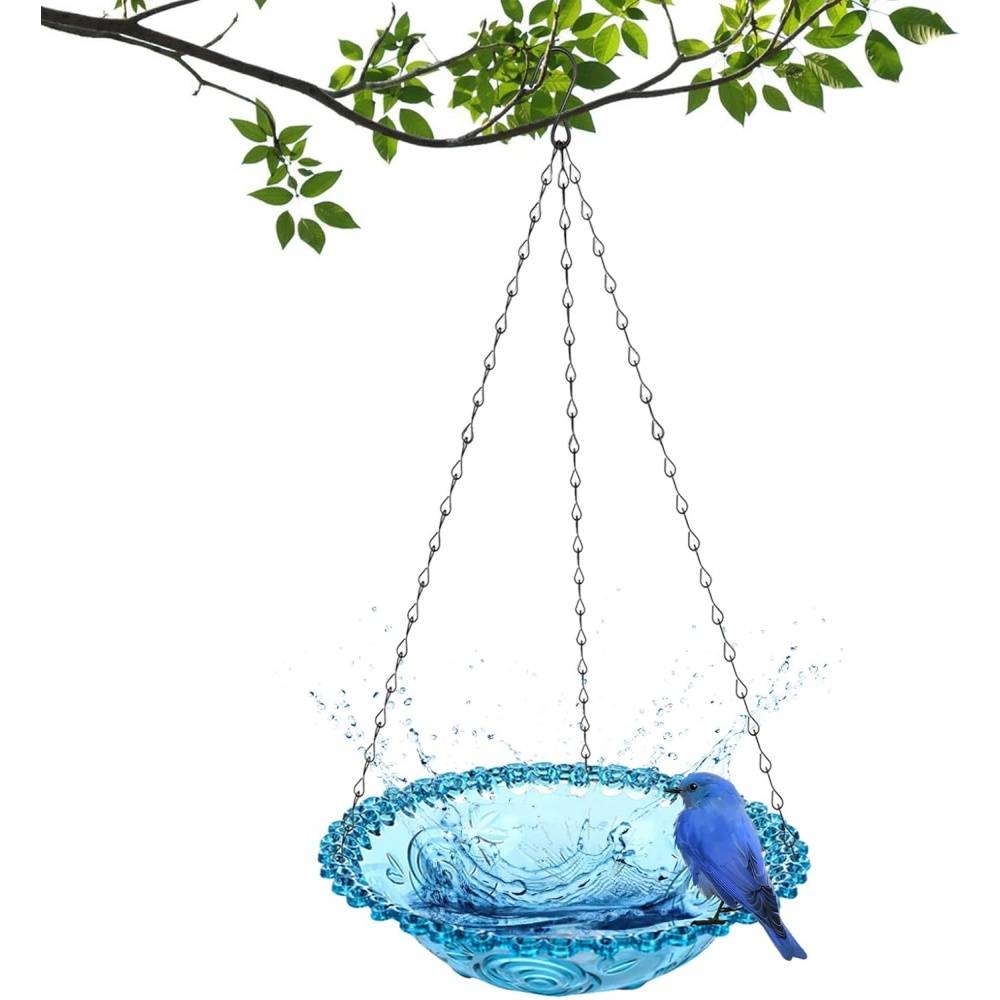Mangeoire et bain d'oiseaux-suspendu - Plateau plastique transparent - Chaînes métalliques stables - 23,5 x 40 cm - Living123 - Image 1