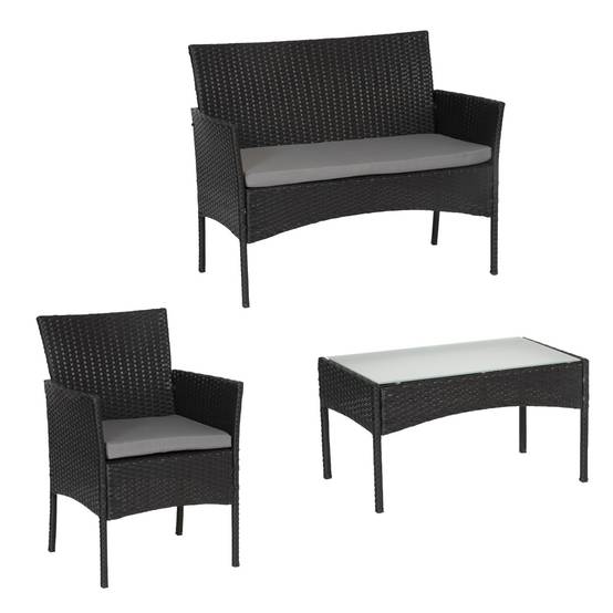 Salon de jardin CORDOUE en résine tressée noire 4 places - coussins gris - HAPPY GARDEN - Image 10