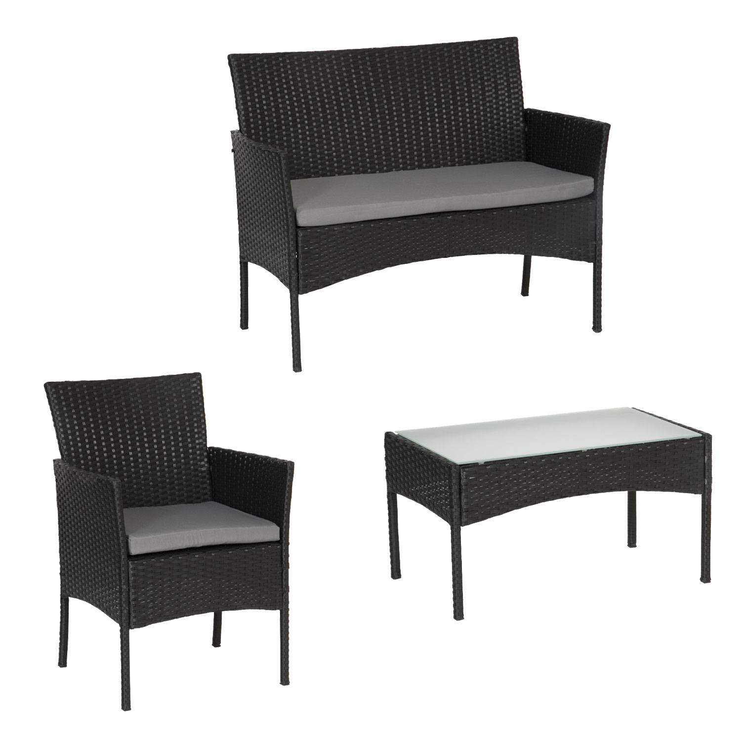Salon de jardin CORDOUE en résine tressée noire 4 places - coussins gris - HAPPY GARDEN - Image 10