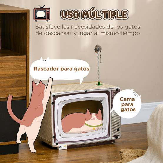 Maison Griffoir pour Chat en Carton Forme TV avec Souris et Herbe à Chat Sable - ComfortXL Outdoor Living - Image 6