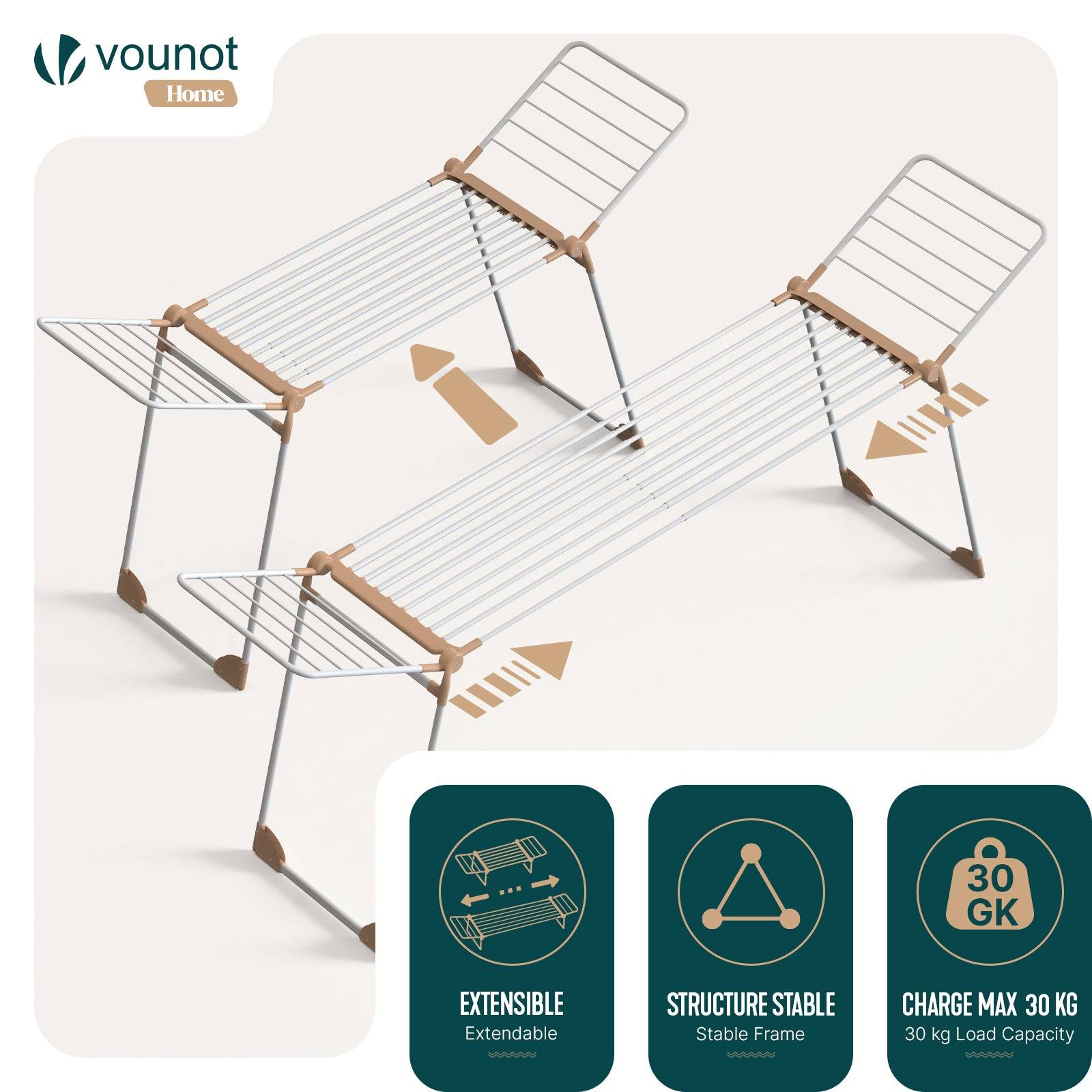 Vounot - Étendoir à linge extensible pliable métal renforcée 284x55x122cm, Séchoir télescopique grande capacité, Blanc, VOUNOT® - Image 4