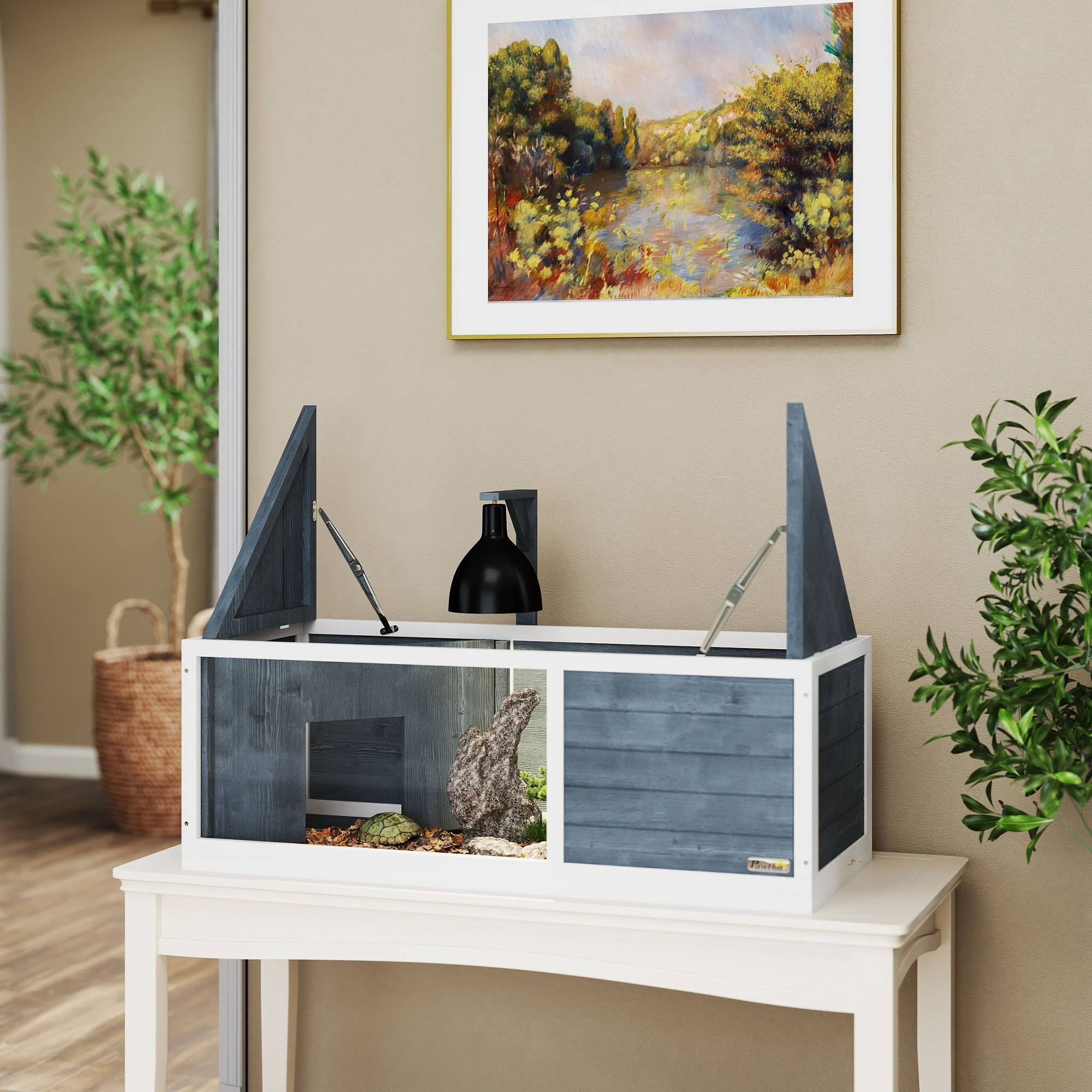 ComfortXL - Enclos tortue en bois de sapin 120 x 50 x 40 cm gris façade transparente avec support de lampe et toit ouvrant - Image 9