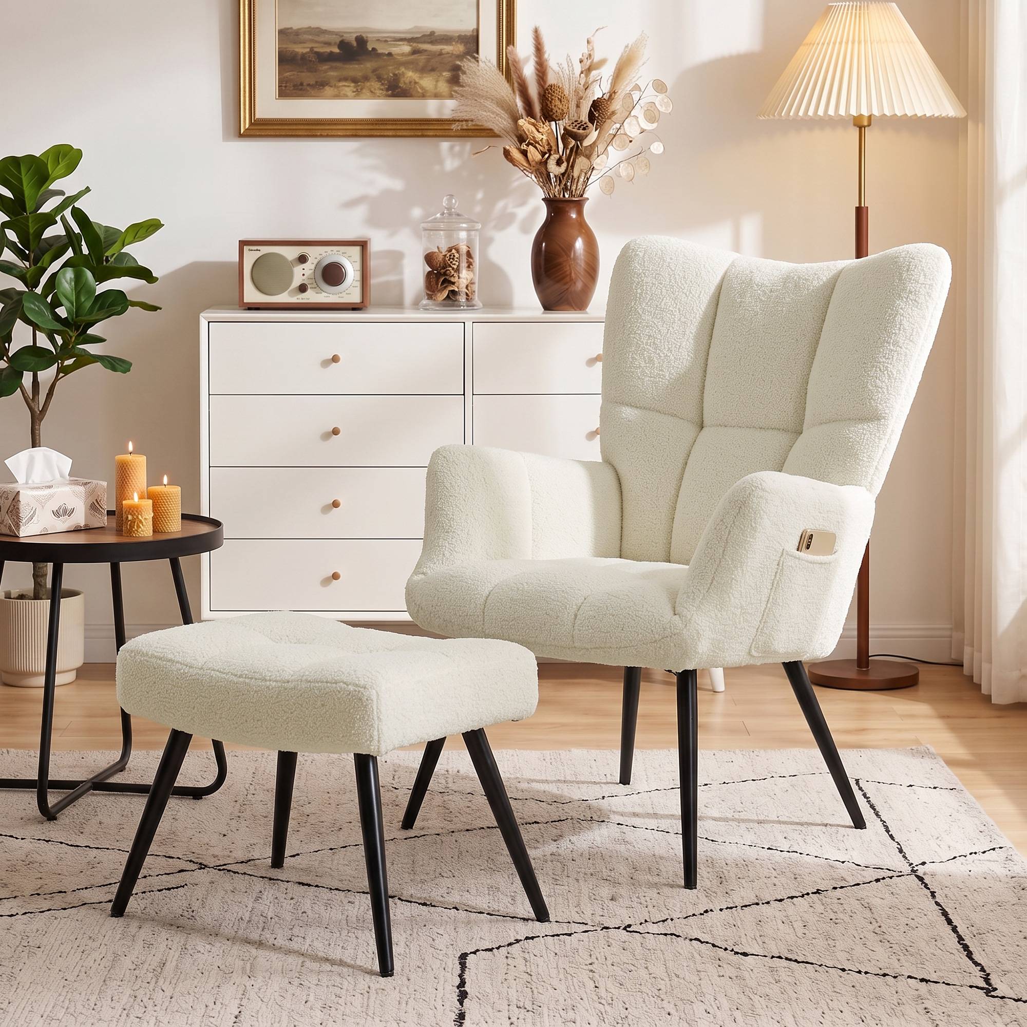 Fauteuil de Salon avec Repose-Pied, Fauteuil d'Appoint Capitonné en Peluche Teddy, Dossier Haut, Poches Latérales, Beige - Image 4