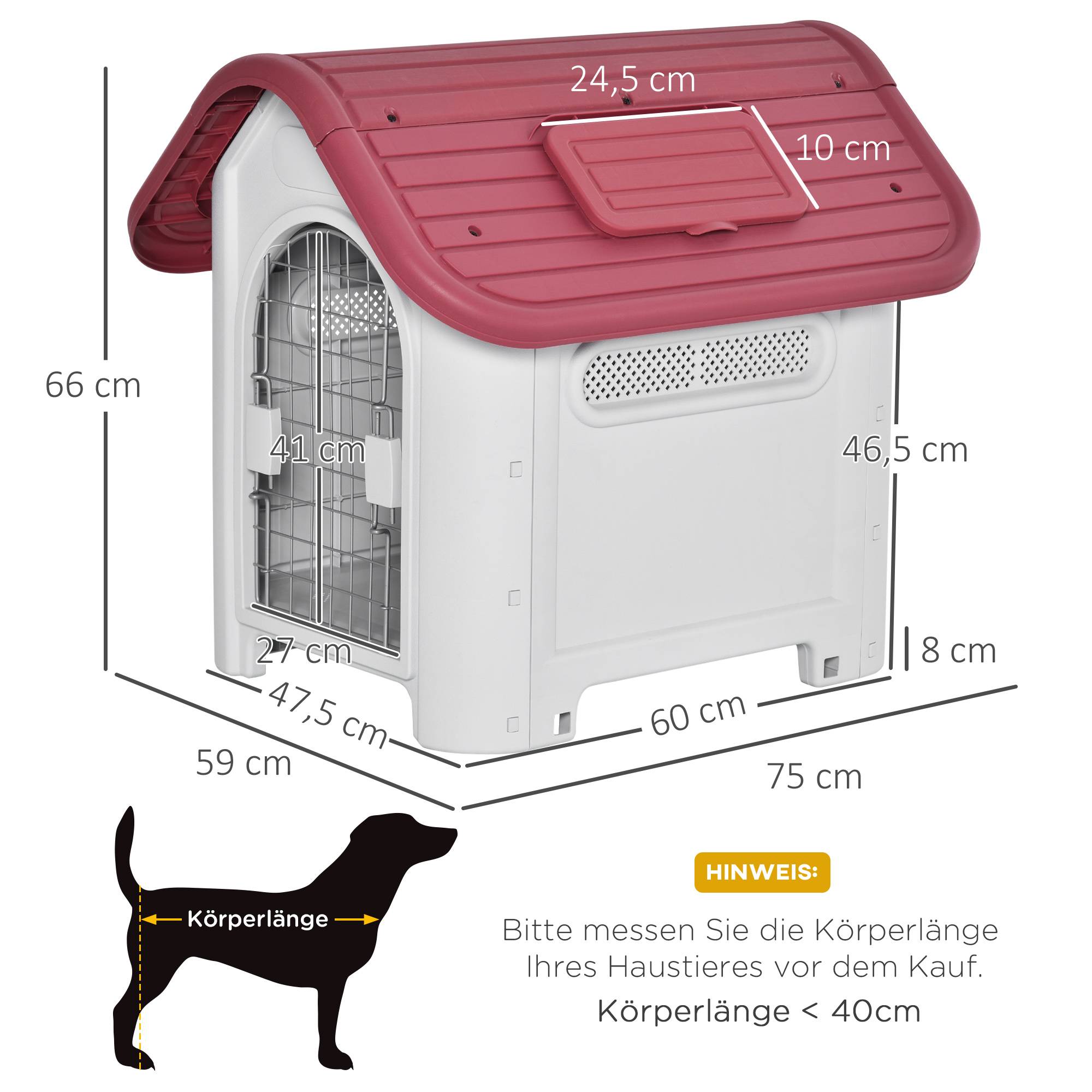 Chalet pour chien en plastique rouge avec toit ouvrant et porte, 59 x 75 x 66 cm - PANGIVO - Image 3