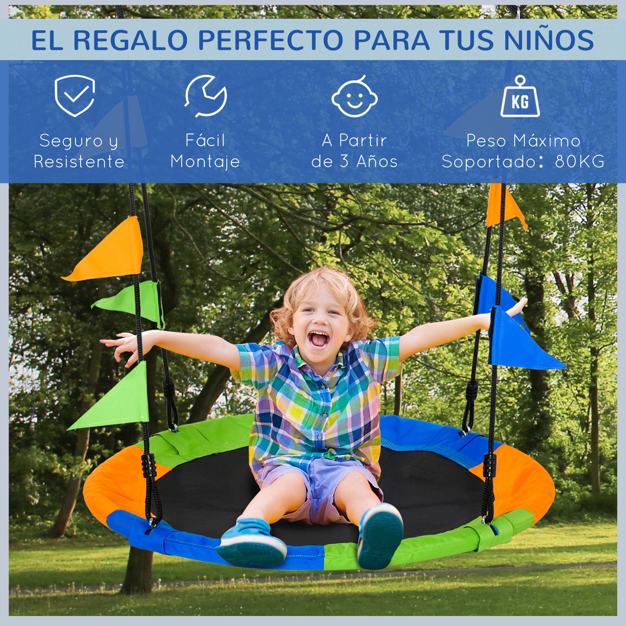 Balançoire nid jardin Ø100 cm, hauteur réglable 120-180 cm, 80 kg multicolore - Image 5