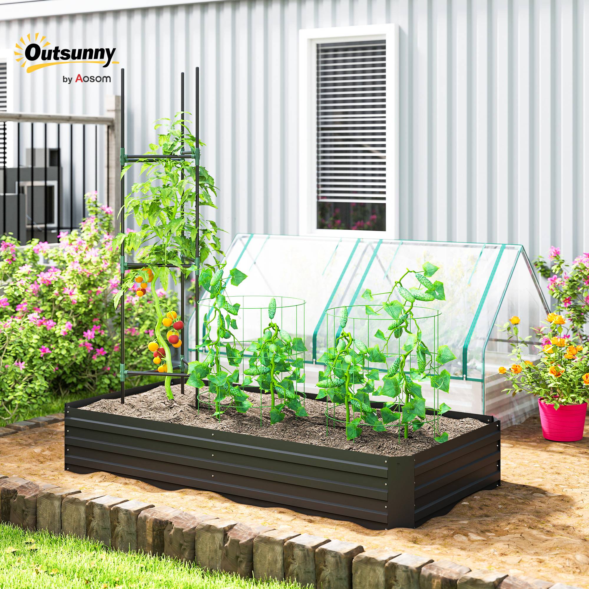 Outsunny - Carré potager jardinière rectangulaire 180x90x29,5cm grande capacité avec tuteurs tomates/plantes grimpantes métal - Outsunny - Image 10