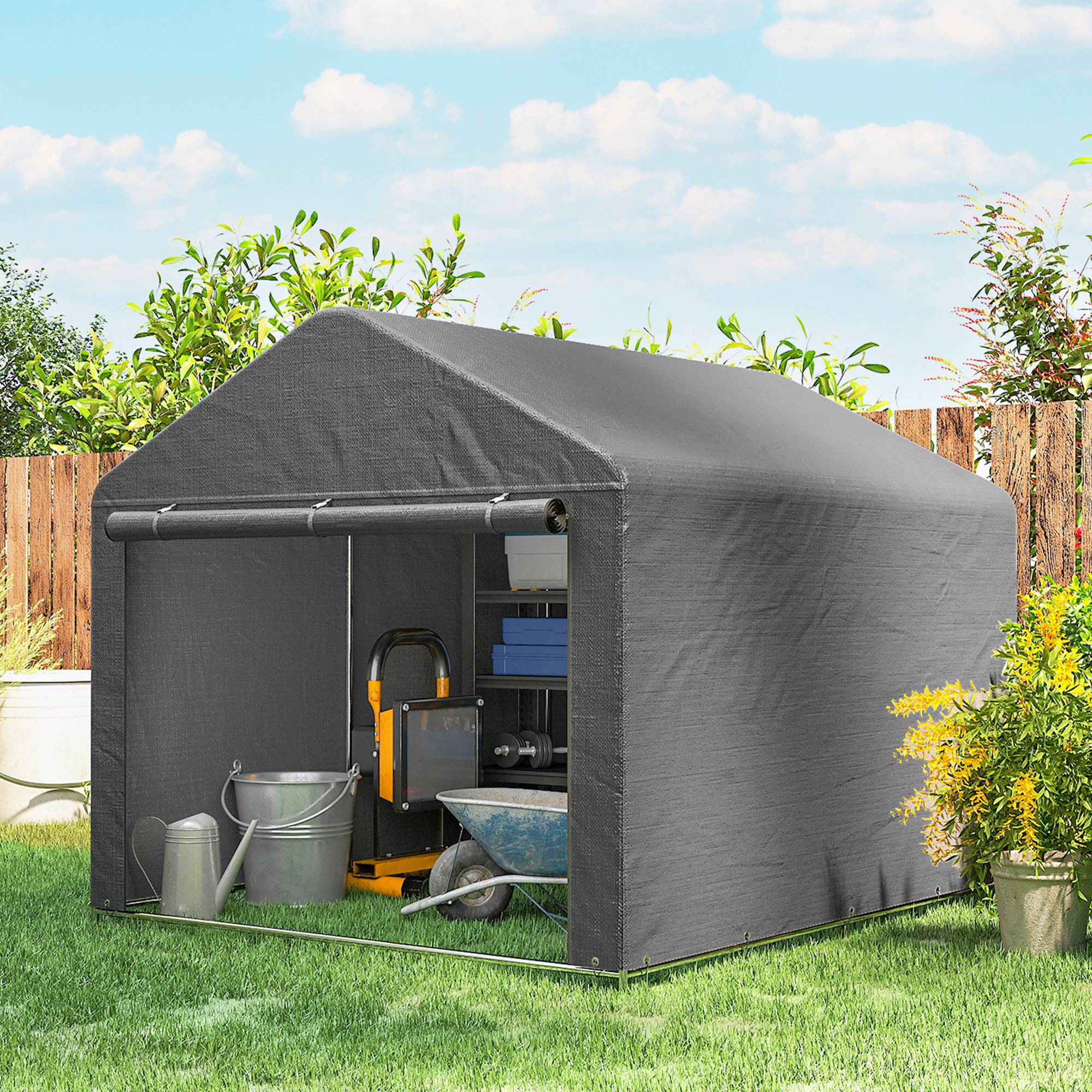 Abri de jardin pour vélo avec structure en métal galvanisé, porte zippée, imperméable, résistant aux UV, 2,4 x 2 x 2 m, gris - Image 4