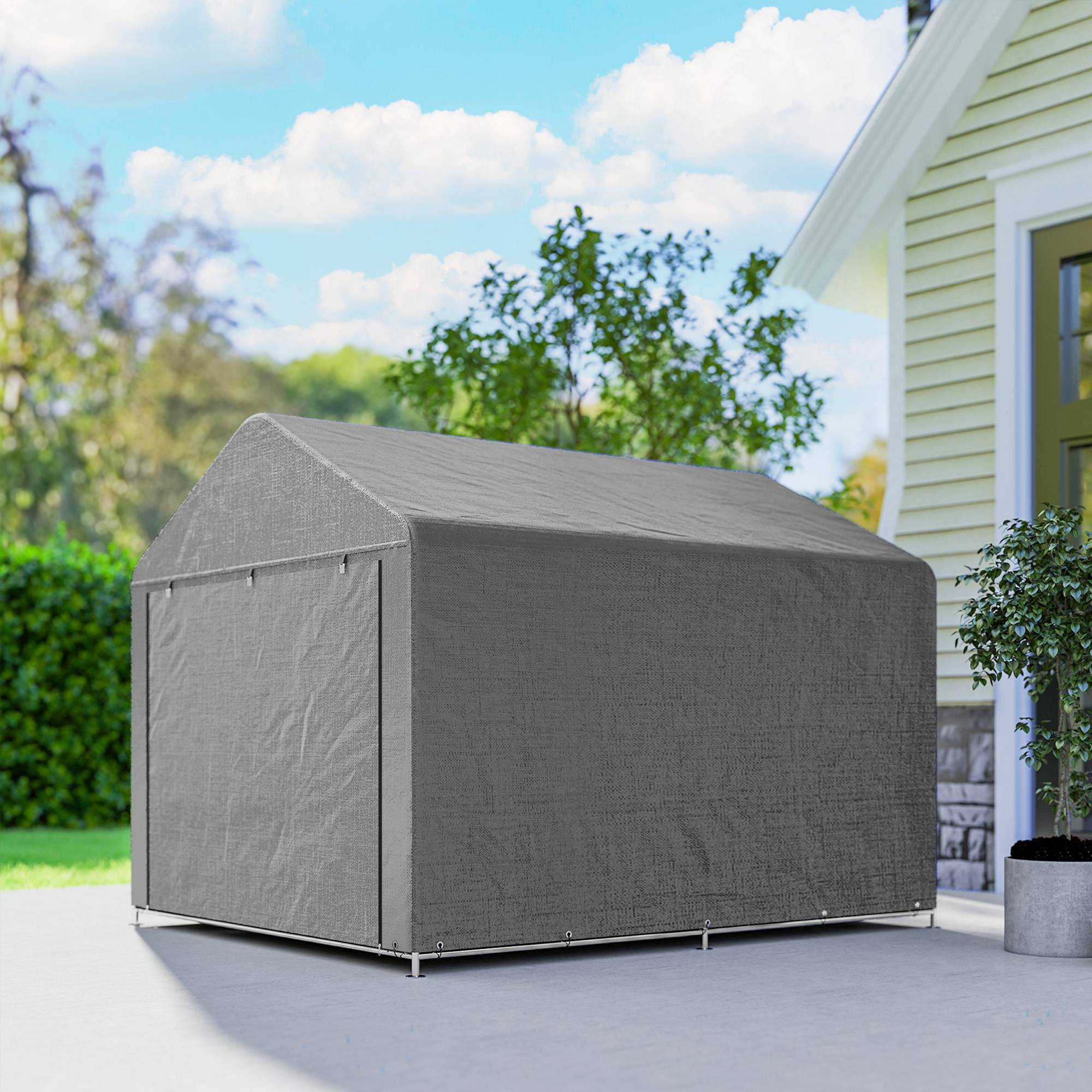 Abri de jardin pour vélo avec structure en métal galvanisé, porte zippée, imperméable, résistant aux UV, 2,4 x 2 x 2 m, gris - Image 10