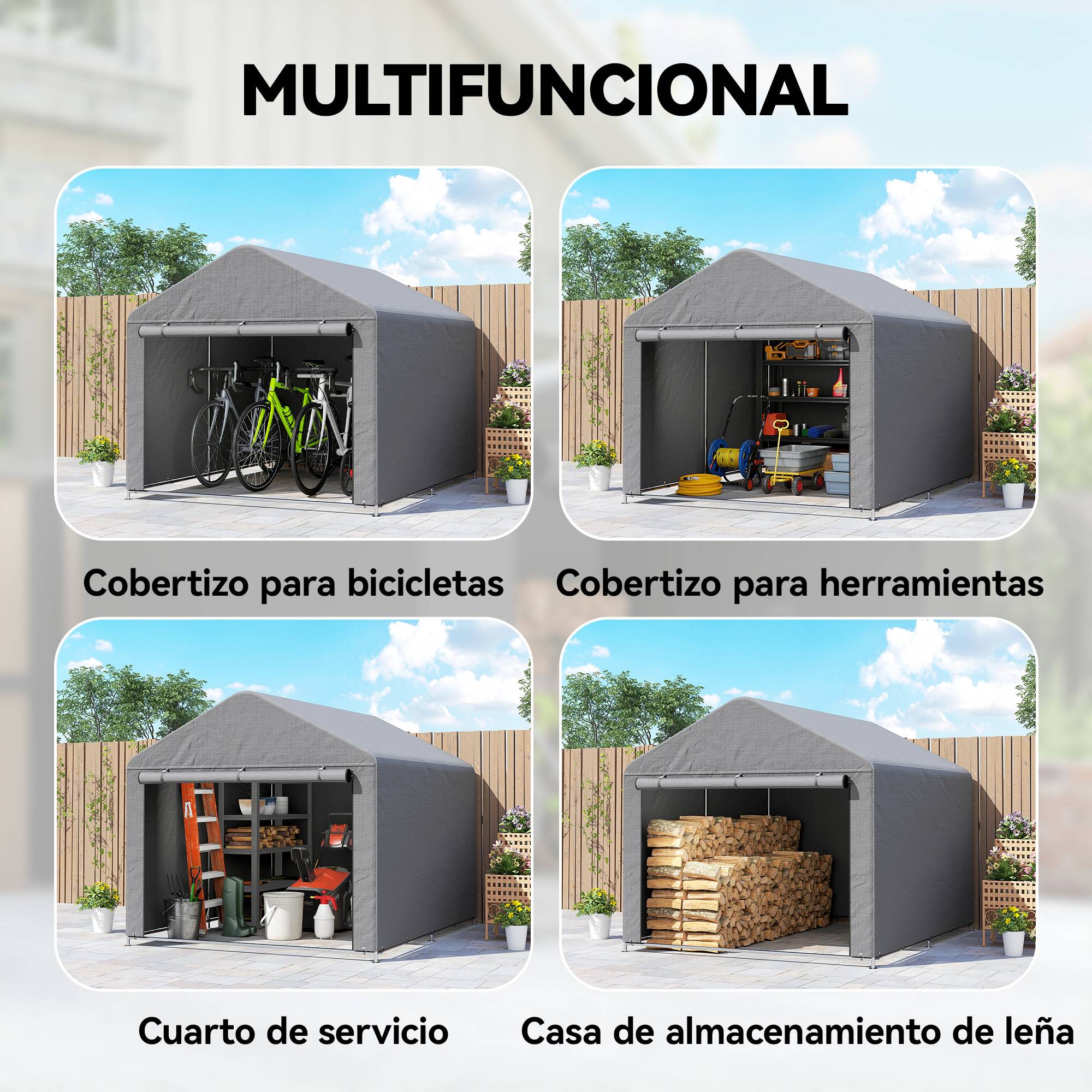 Abri de jardin pour vélo avec structure en métal galvanisé, porte zippée, imperméable, résistant aux UV, 2,4 x 2 x 2 m, gris - Image 8