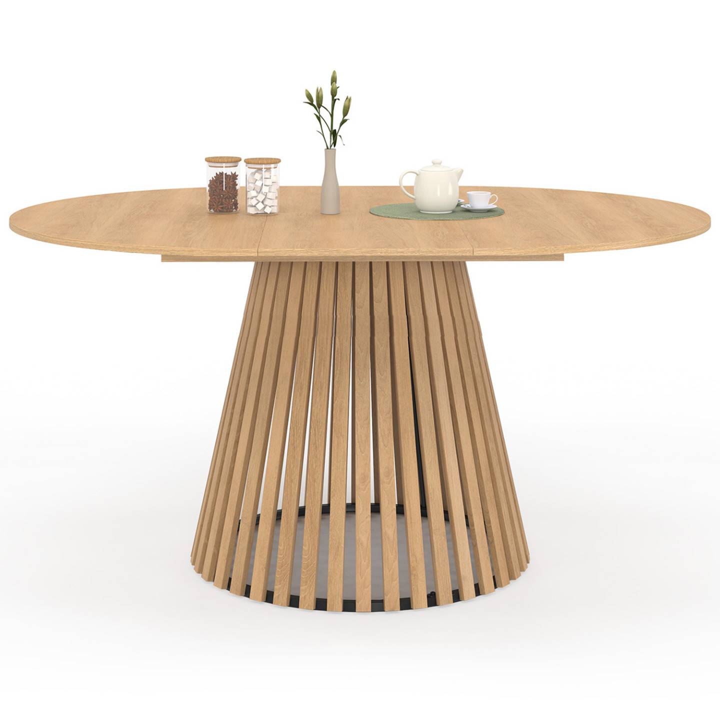 Table à manger extensible ronde CARMEN 4-8 personnes pied bois en lattes et plateau bois 110 - 150 cm - Image 2