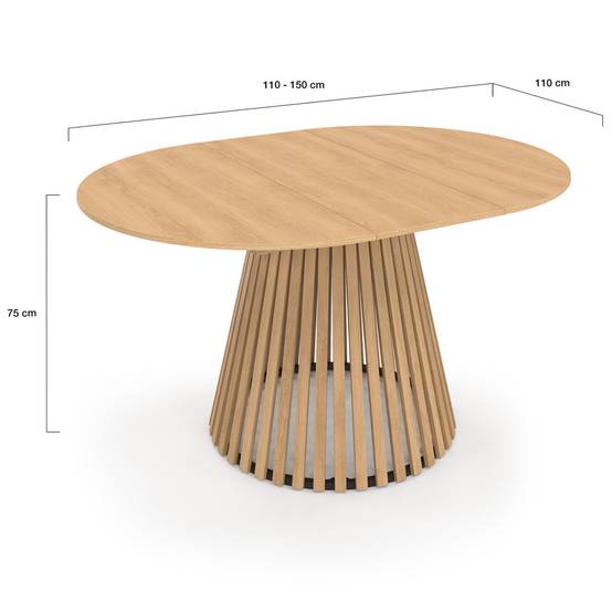 Table à manger extensible ronde CARMEN 4-8 personnes pied bois en lattes et plateau bois 110 - 150 cm - Image 5
