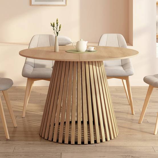 Table à manger extensible ronde CARMEN 4-8 personnes pied bois en lattes et plateau bois 110 - 150 cm - Image 4