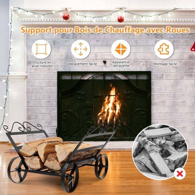 Helloshop26 - Range bûches en métal serviteur de cheminée avec 4 roues pour intérieur et extérieur idéal pour cheminée foyer noir - Image 3