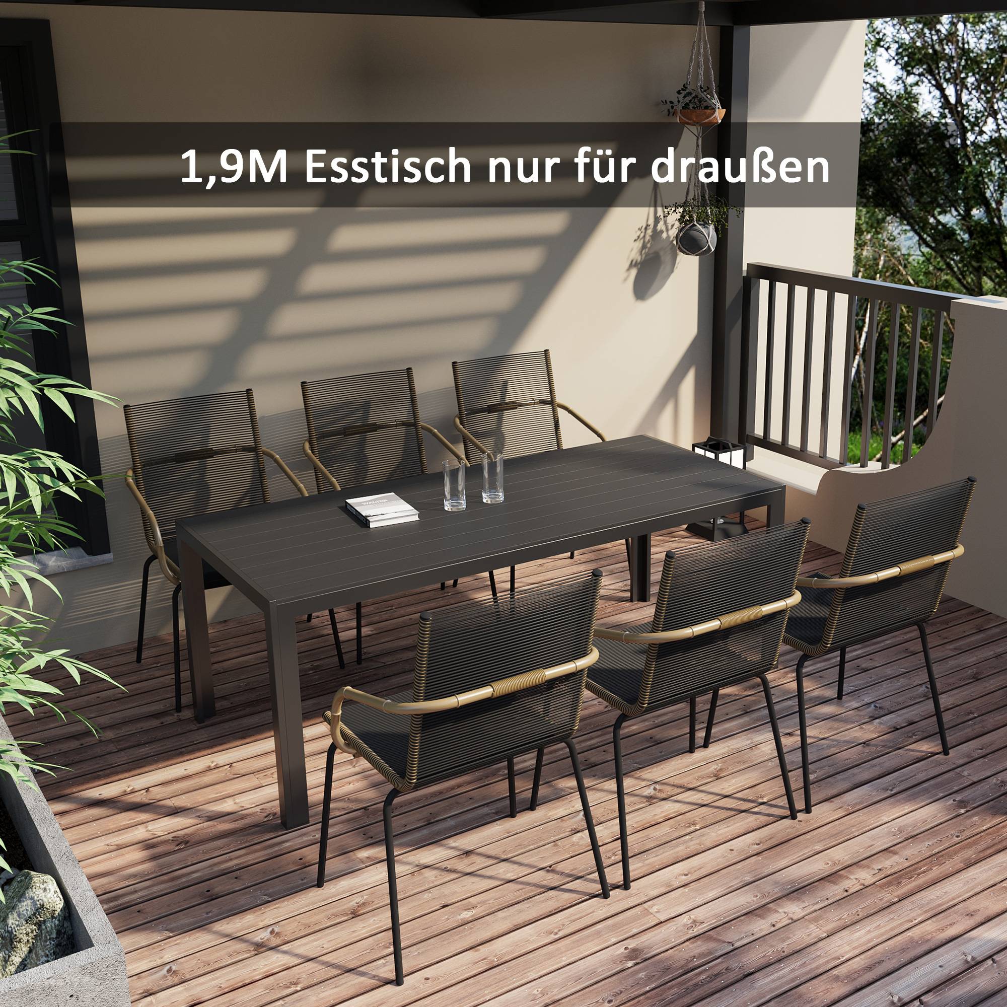 Table de jardin noire 190 x 84,5 x 72 cm en plastique effet bois - Image 4