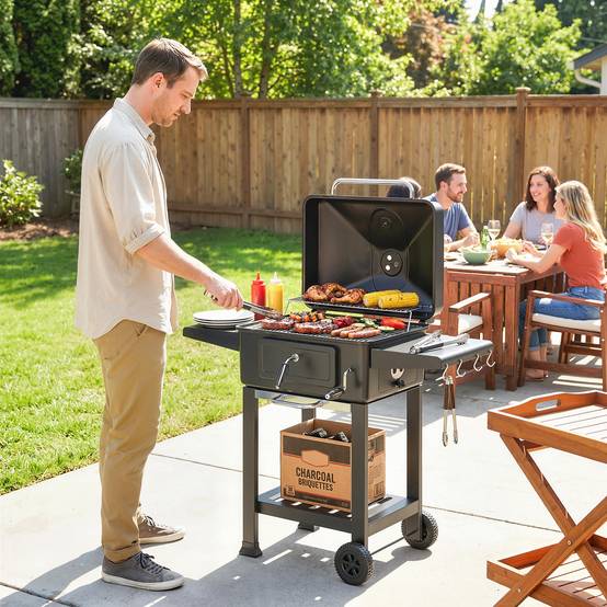 Barbecue Charbon de Bois Chariot Grill de Jardin avec Couvercle XXL Bac à Charbon et Évents Réglables 112cm Noir - Image 4