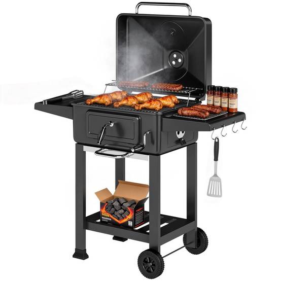 Barbecue Charbon de Bois Chariot Grill de Jardin avec Couvercle XXL Bac à Charbon et Évents Réglables 112cm Noir - Image 1