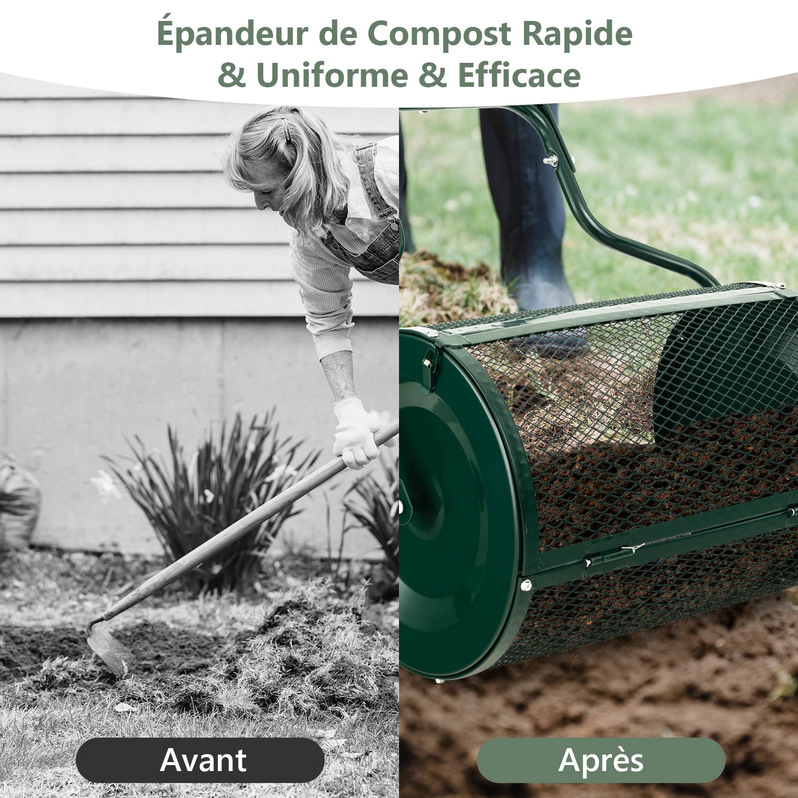 Épandeur à Compost de 60 cm Rouleau en Treillis Métallique, Épandeur de Gazon avec Poignée en Forme de 'U' Loquets Latéraux, Vert