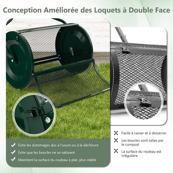Épandeur à Compost de 60 cm Rouleau en Treillis Métallique, Épandeur de Gazon avec Poignée en Forme de 'U' Loquets Latéraux, Vert - Image 4