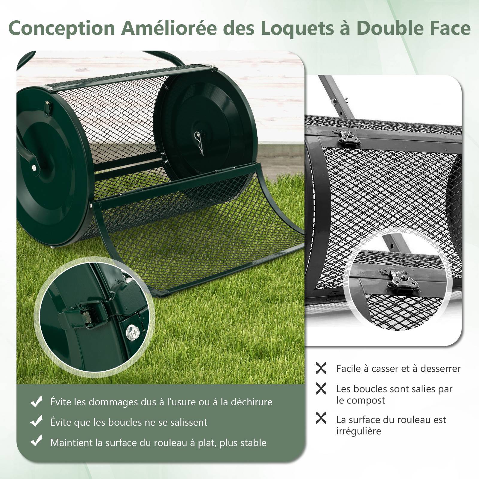 Épandeur à Compost de 60 cm Rouleau en Treillis Métallique, Épandeur de Gazon avec Poignée en Forme de 'U' Loquets Latéraux, Vert - Image 4
