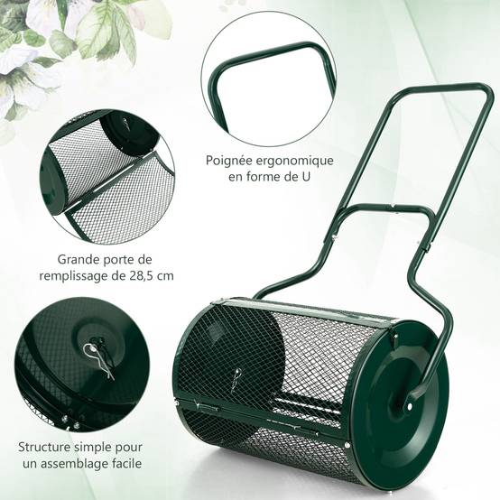 Épandeur à Compost de 60 cm Rouleau en Treillis Métallique, Épandeur de Gazon avec Poignée en Forme de 'U' Loquets Latéraux, Vert - Image 3