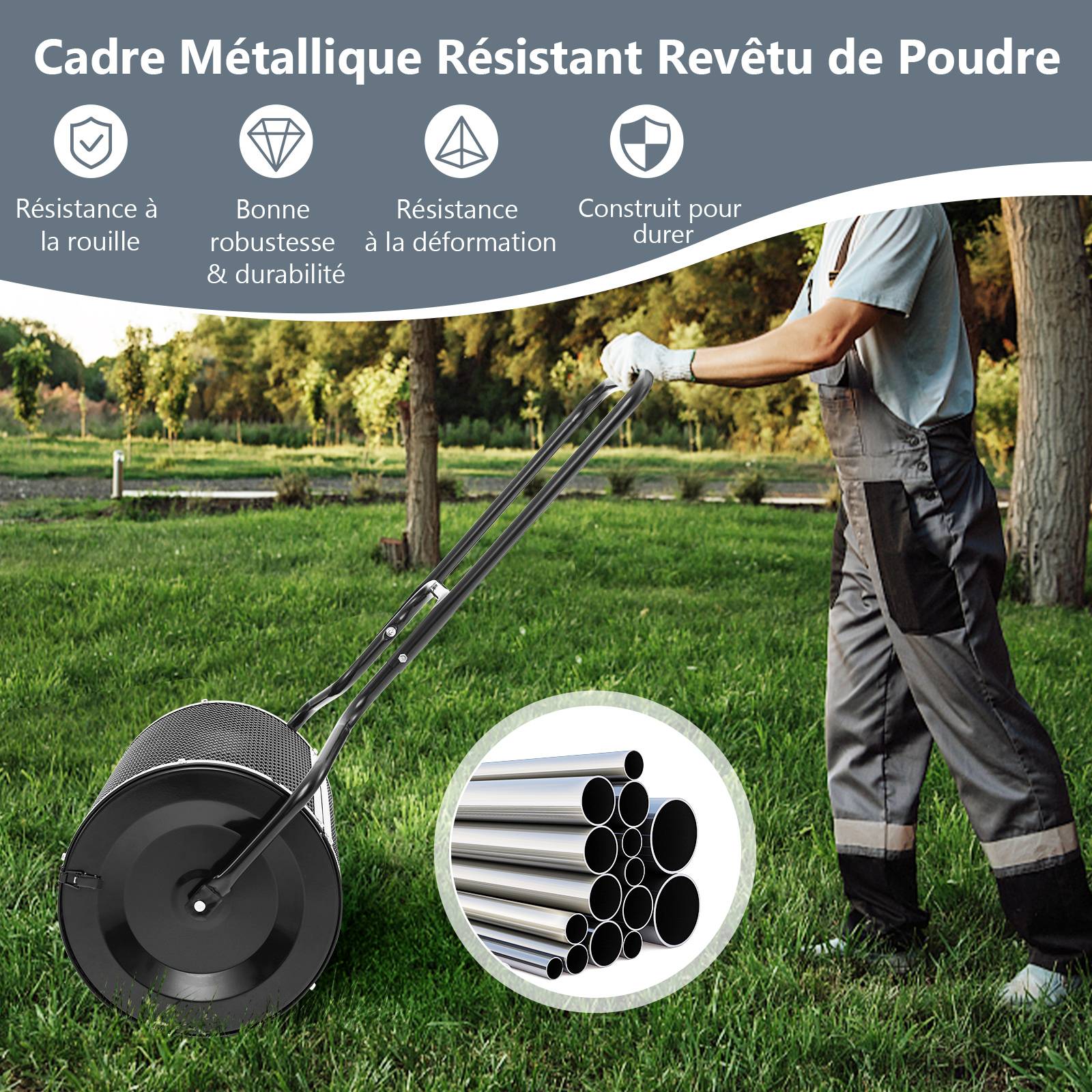 Épandeur à Compost de 60 cm Rouleau en Treillis Métallique, Épandeur de Gazon avec Poignée en Forme de 'U' Loquets Latéraux, Vert - Image 5