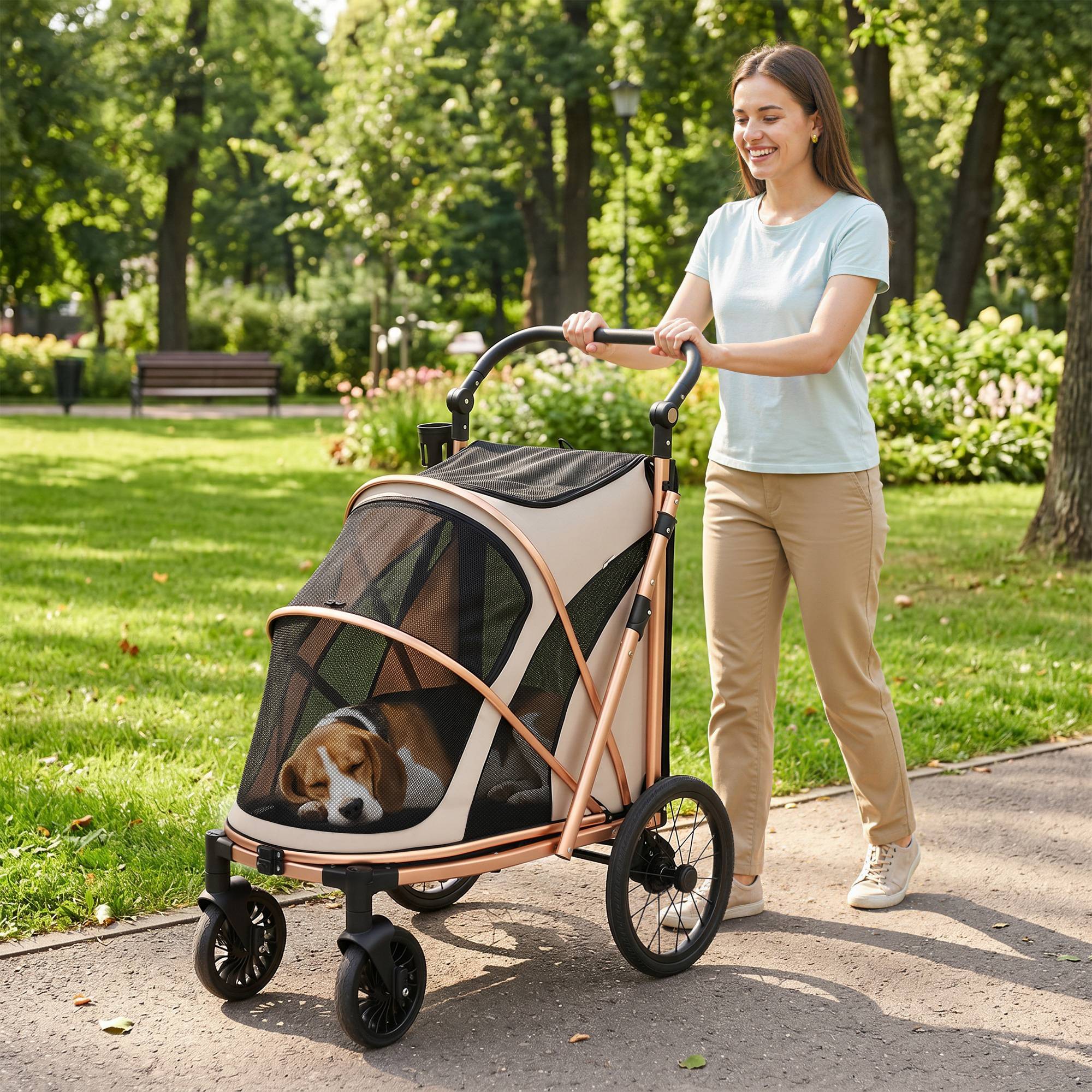 ComfortXL - Poussette pour chien aluminium Oxford marron clair 20 kg grandes roues suspension - ComfortXL Outdoor Living - Image 4