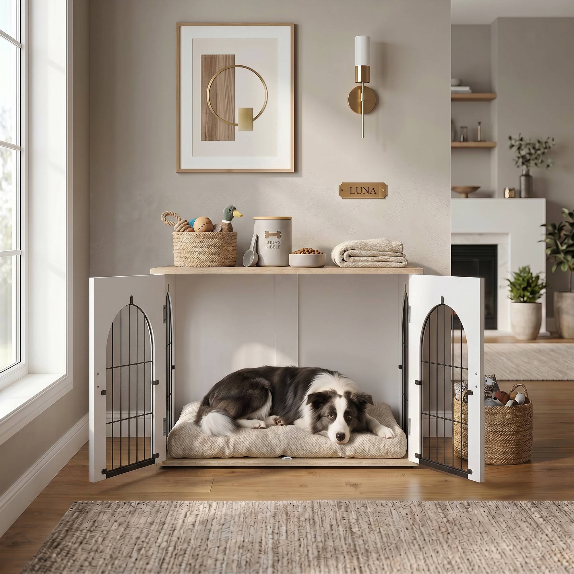 Sans Marque - Cage pour Chien Meuble Cage Chien Intérieur Arche avec Double Porte comme Table d'Appoint en Métal 80x56x59cm Blanc - Image 10