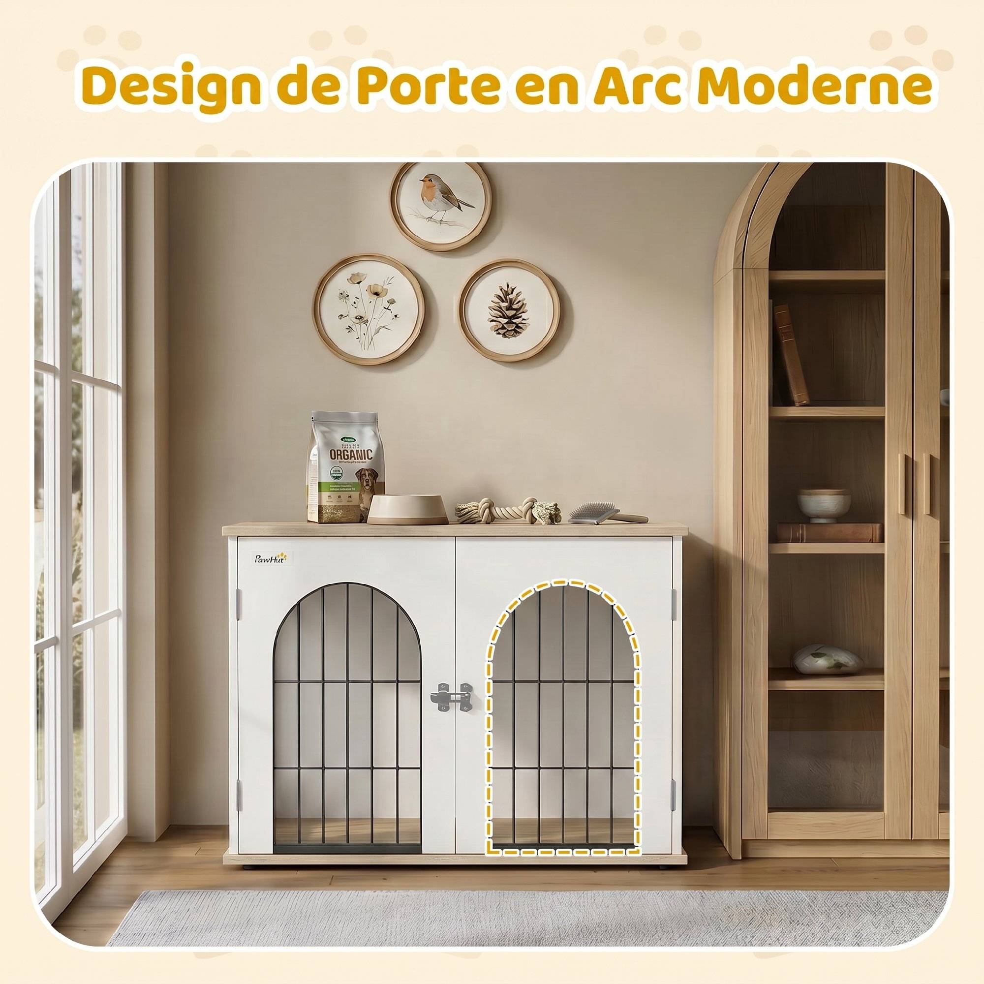 Sans Marque - Cage pour Chien Meuble Cage Chien Intérieur Arche avec Double Porte comme Table d'Appoint en Métal 80x56x59cm Blanc - Image 7