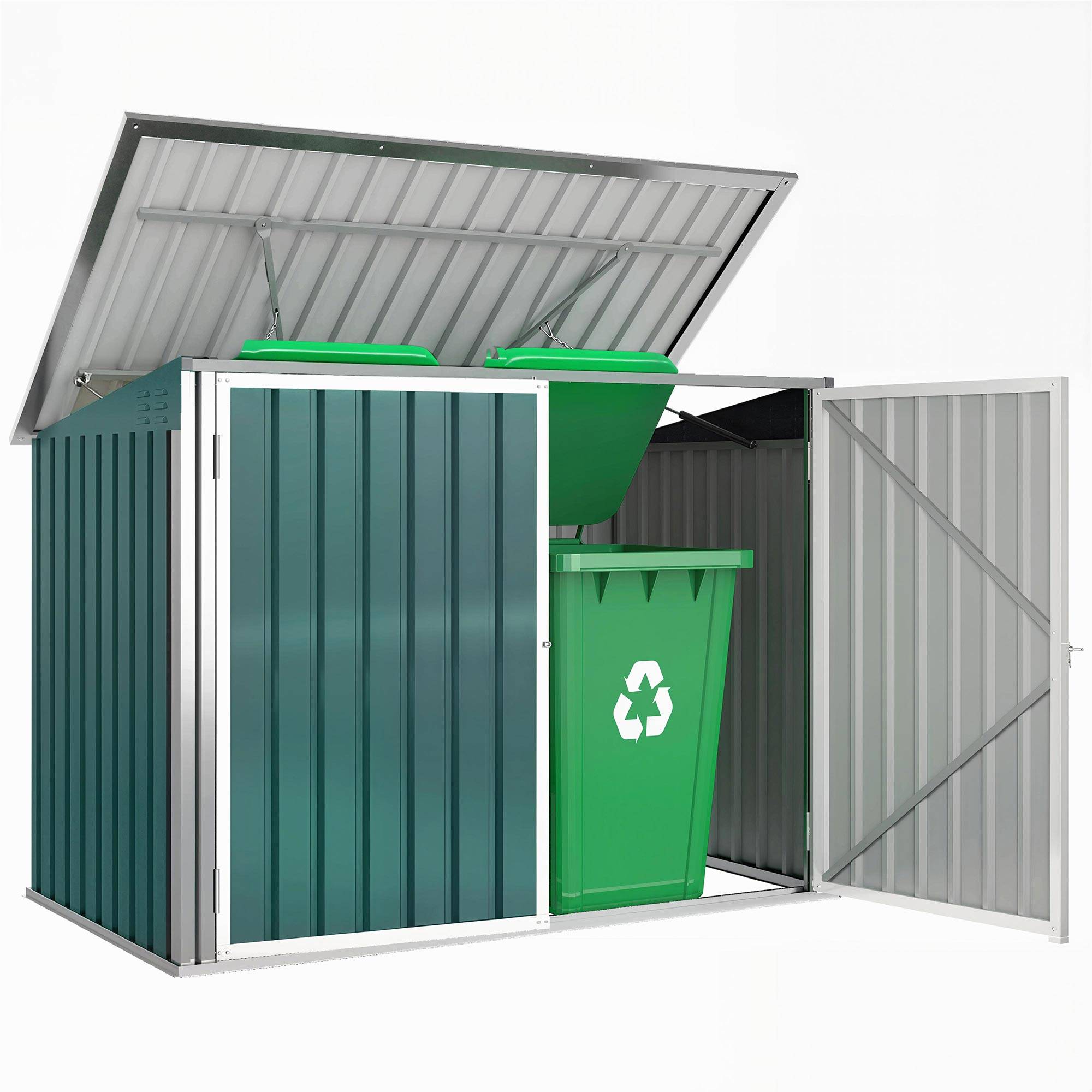 Cache Poubelle Extérieur en Acier Galvanisé pour 2 Poubelles, Double Porte, Couvercle Pneumatique, 180x108x130cm, Vert - Image 1