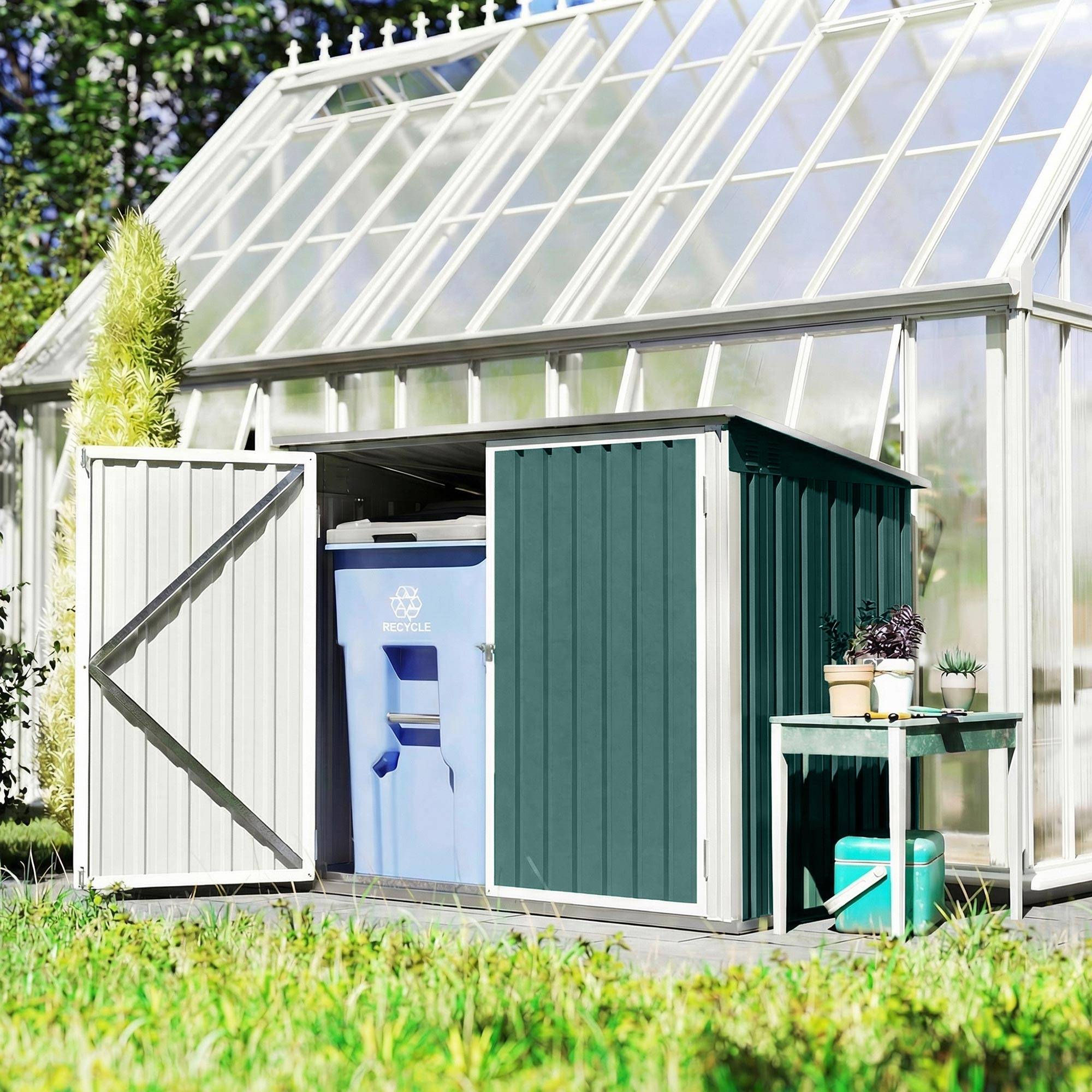 Cache Poubelle Extérieur en Acier Galvanisé pour 2 Poubelles, Double Porte, Couvercle Pneumatique, 180x108x130cm, Vert - Image 10