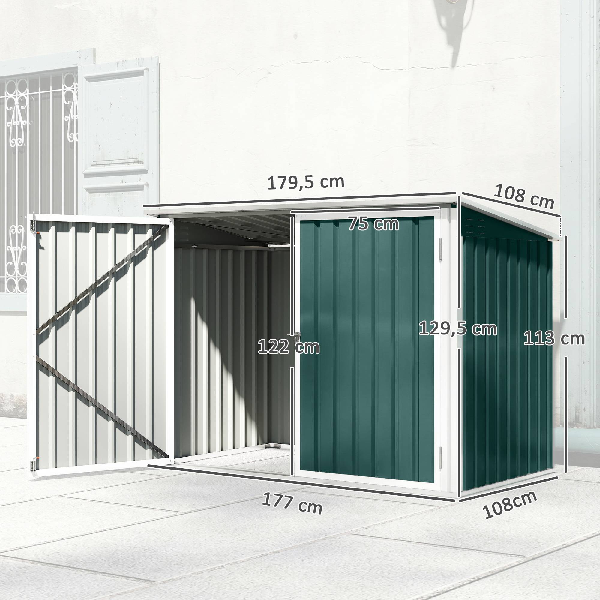 Cache Poubelle Extérieur en Acier Galvanisé pour 2 Poubelles, Double Porte, Couvercle Pneumatique, 180x108x130cm, Vert - Image 5